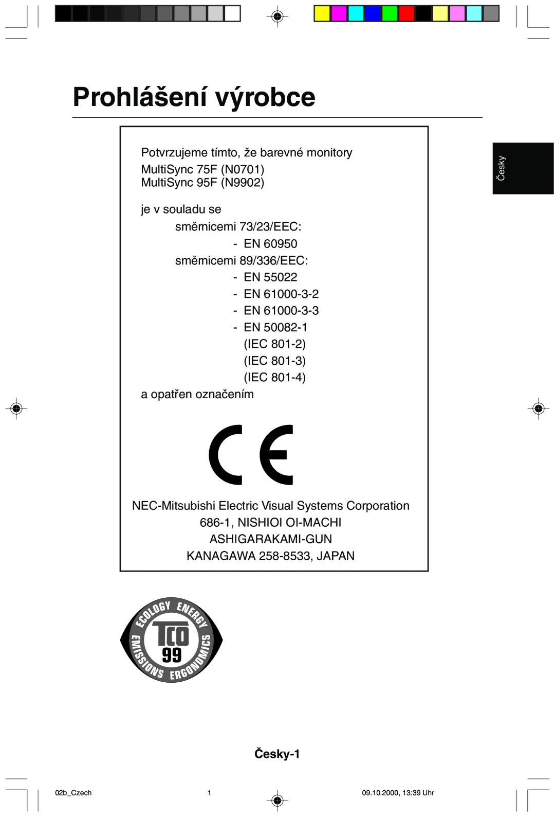NEC 95F user manual Prohlá‰ení v˘robce, âesky-1, 02bCzech, 09.10.2000, 1339 Uhr 