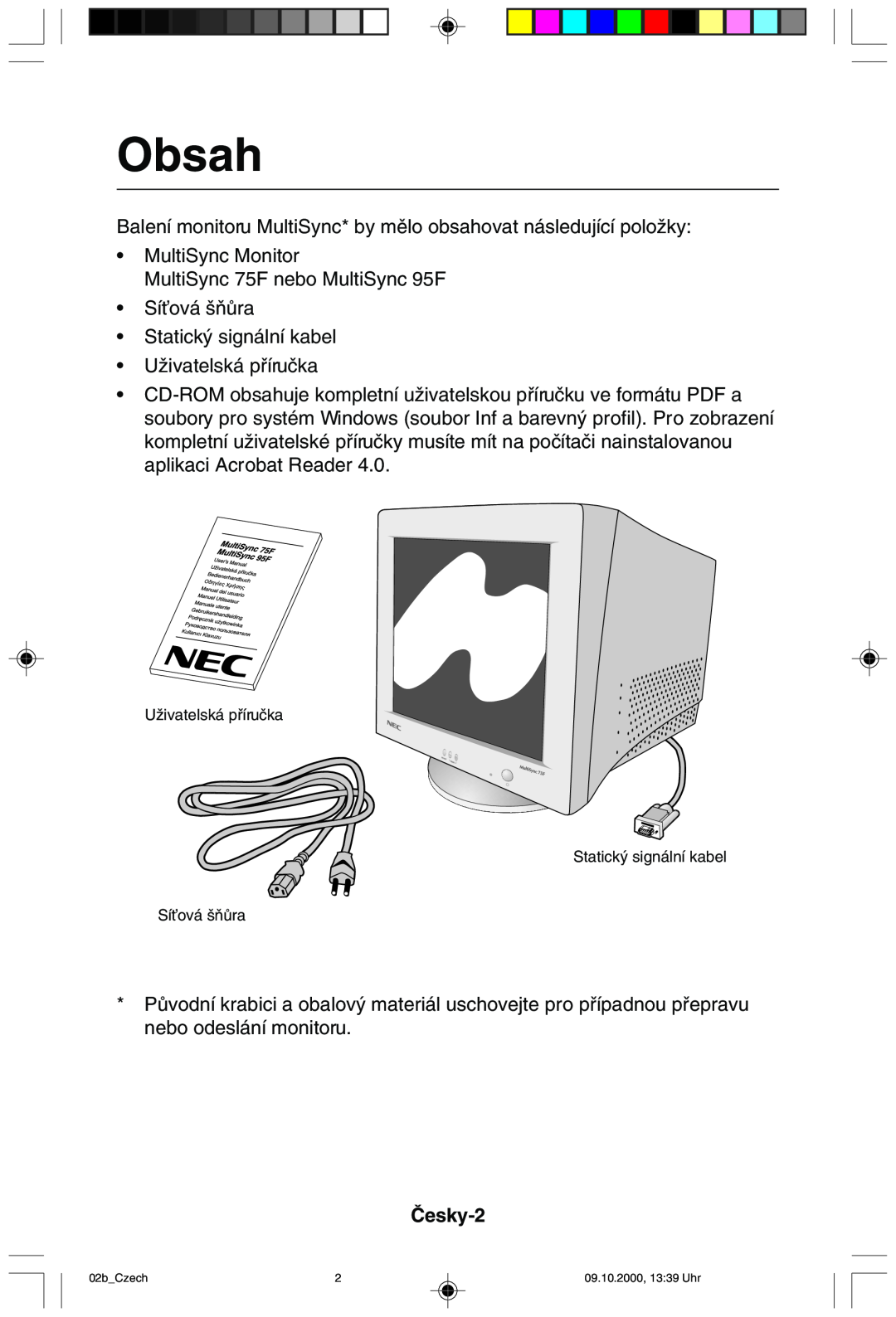 NEC 95F user manual Obsah, âesky-2 