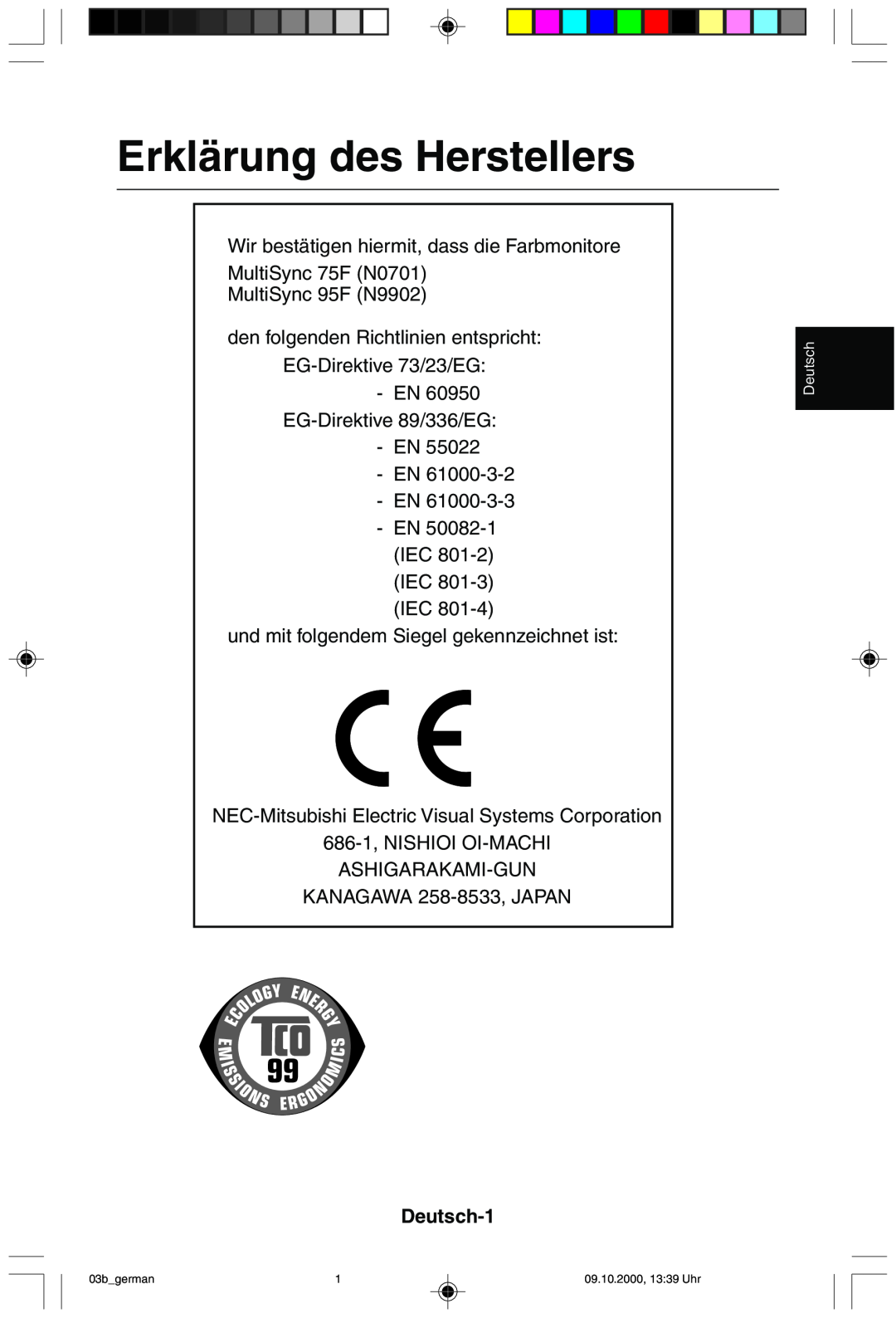 NEC 95F user manual Erklärung des Herstellers, Deutsch-1 
