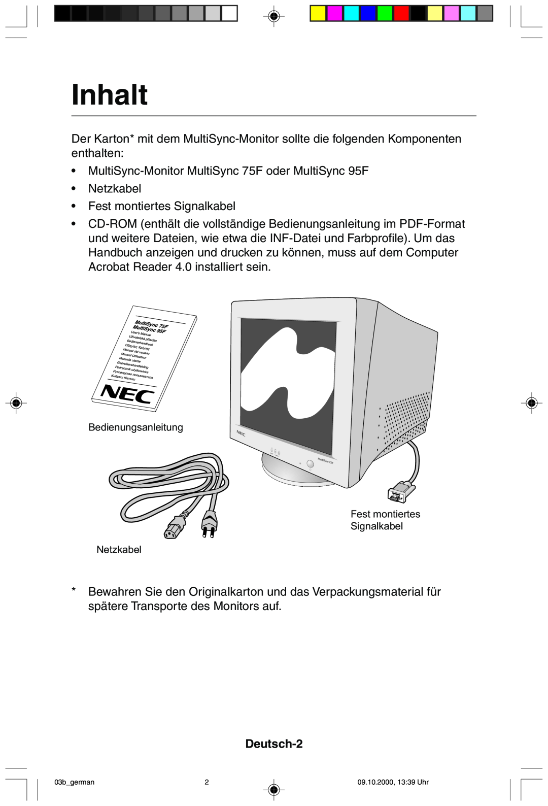 NEC 95F user manual Inhalt, Deutsch-2 