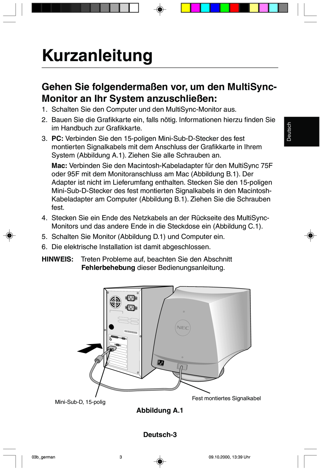 NEC 95F user manual Kurzanleitung, Abbildung A.1 Deutsch-3 