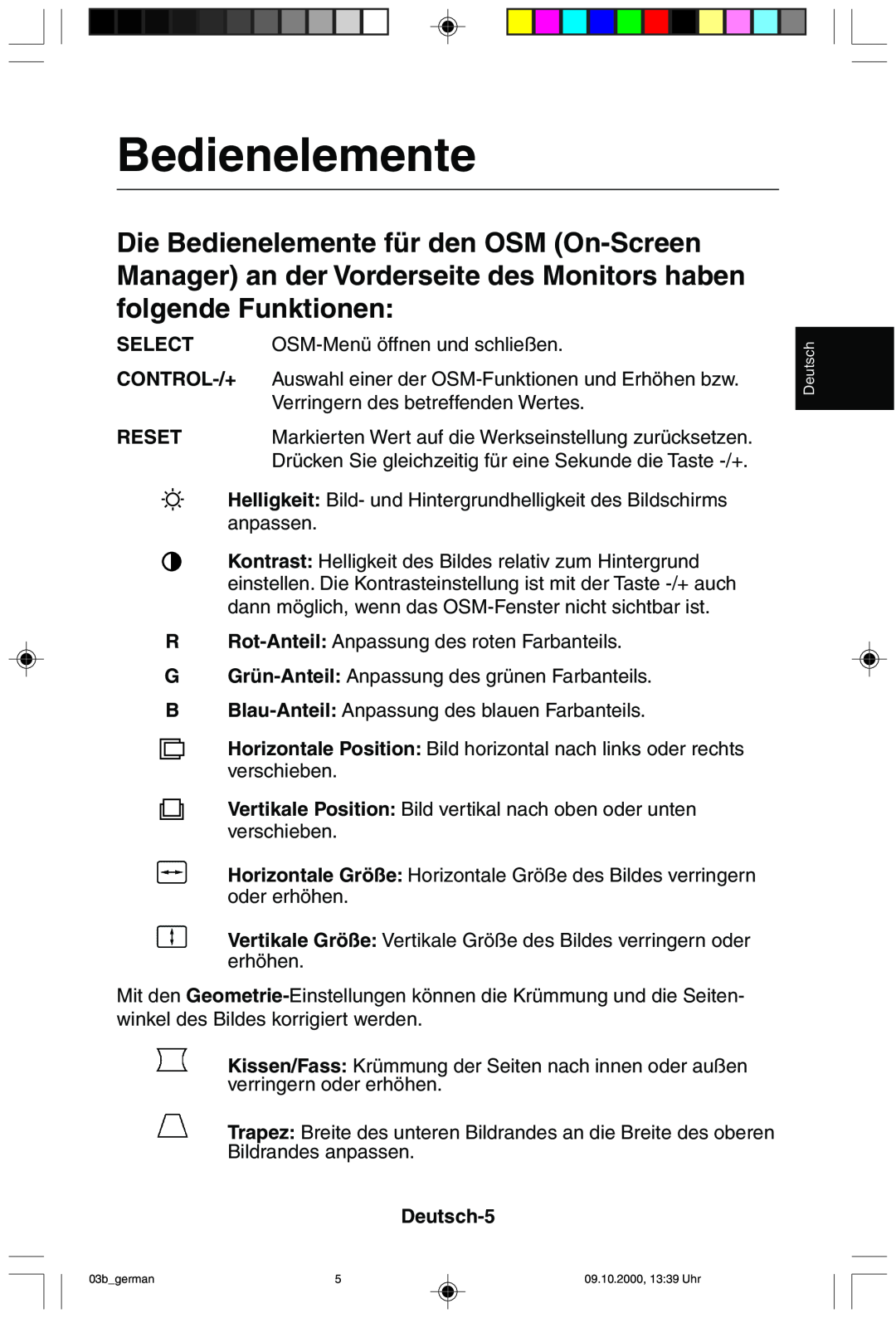 NEC 95F user manual Bedienelemente, Select, Reset, Deutsch-5 