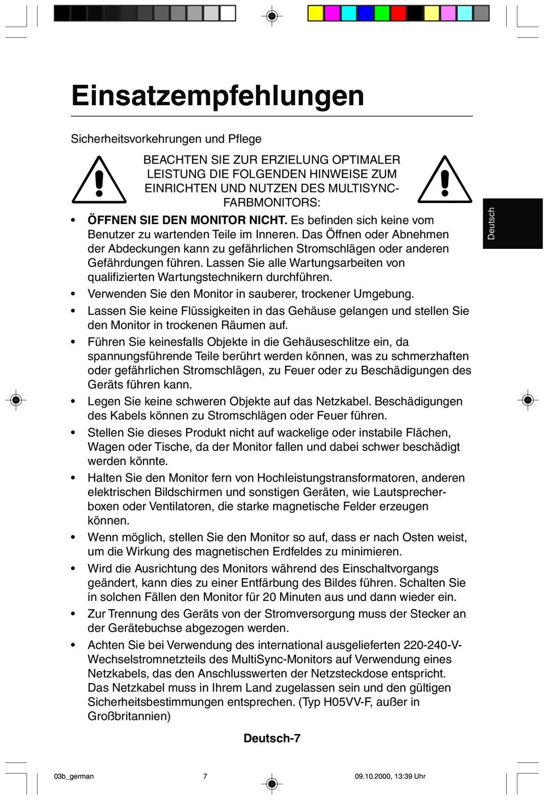 NEC 95F user manual Einsatzempfehlungen, Deutsch-7 