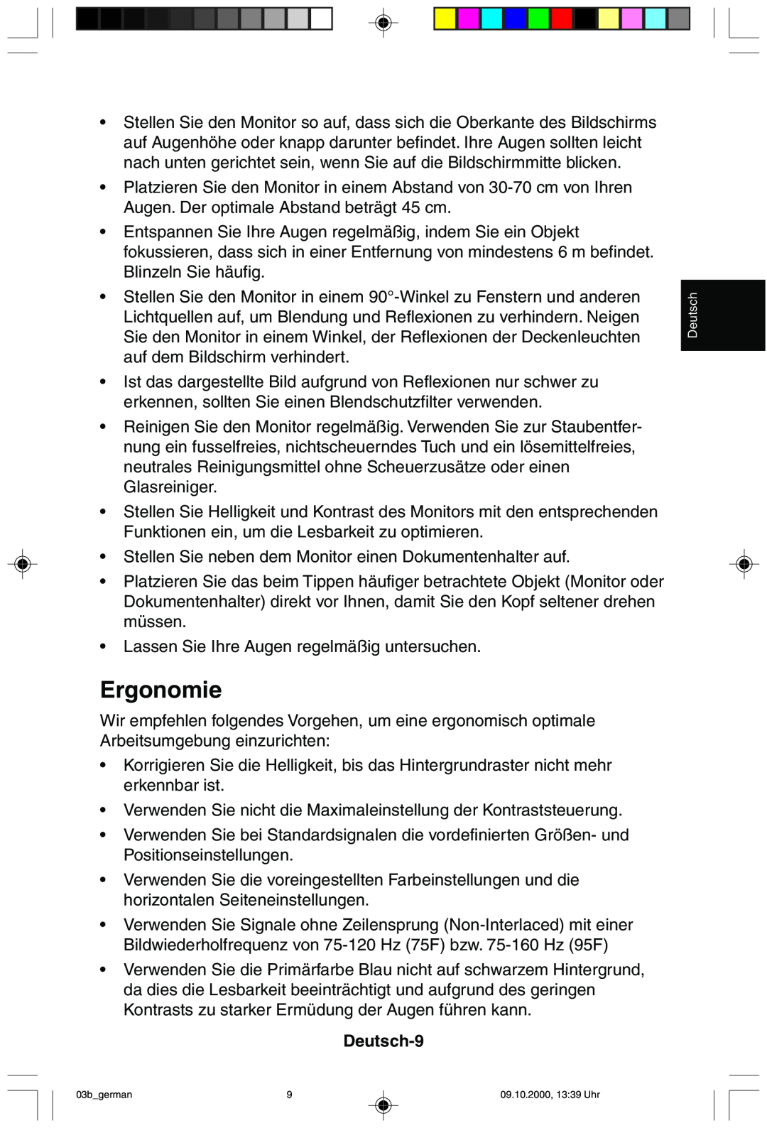 NEC 95F user manual Ergonomie, Deutsch-9 
