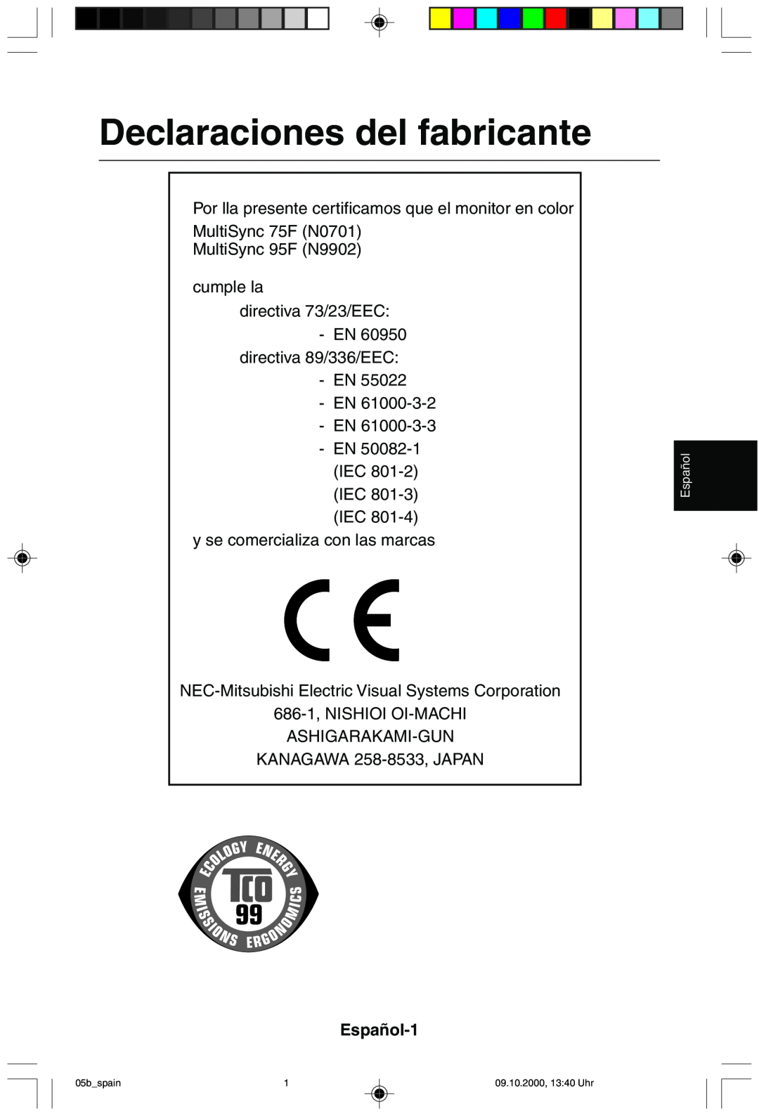 NEC 95F user manual Declaraciones del fabricante, Español-1, 05bspain, 09.10.2000, 1340 Uhr 