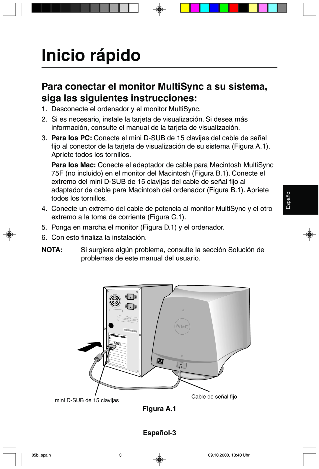 NEC 95F user manual Inicio rápido, Figura A.1 Español-3 