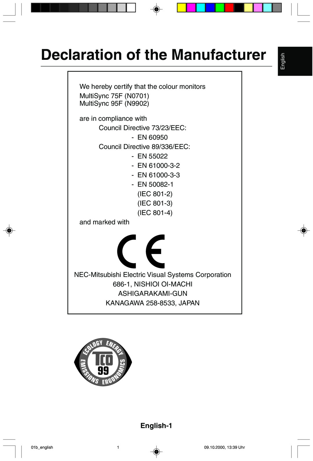 NEC 95F user manual Declaration of the Manufacturer, English-1 