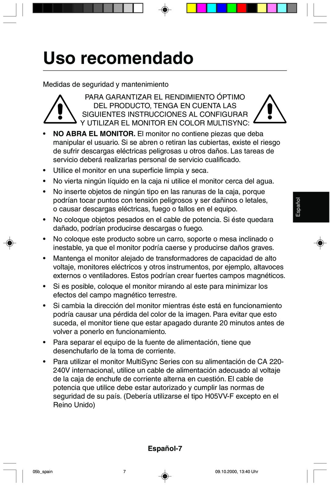 NEC 95F user manual Uso recomendado, Español-7 