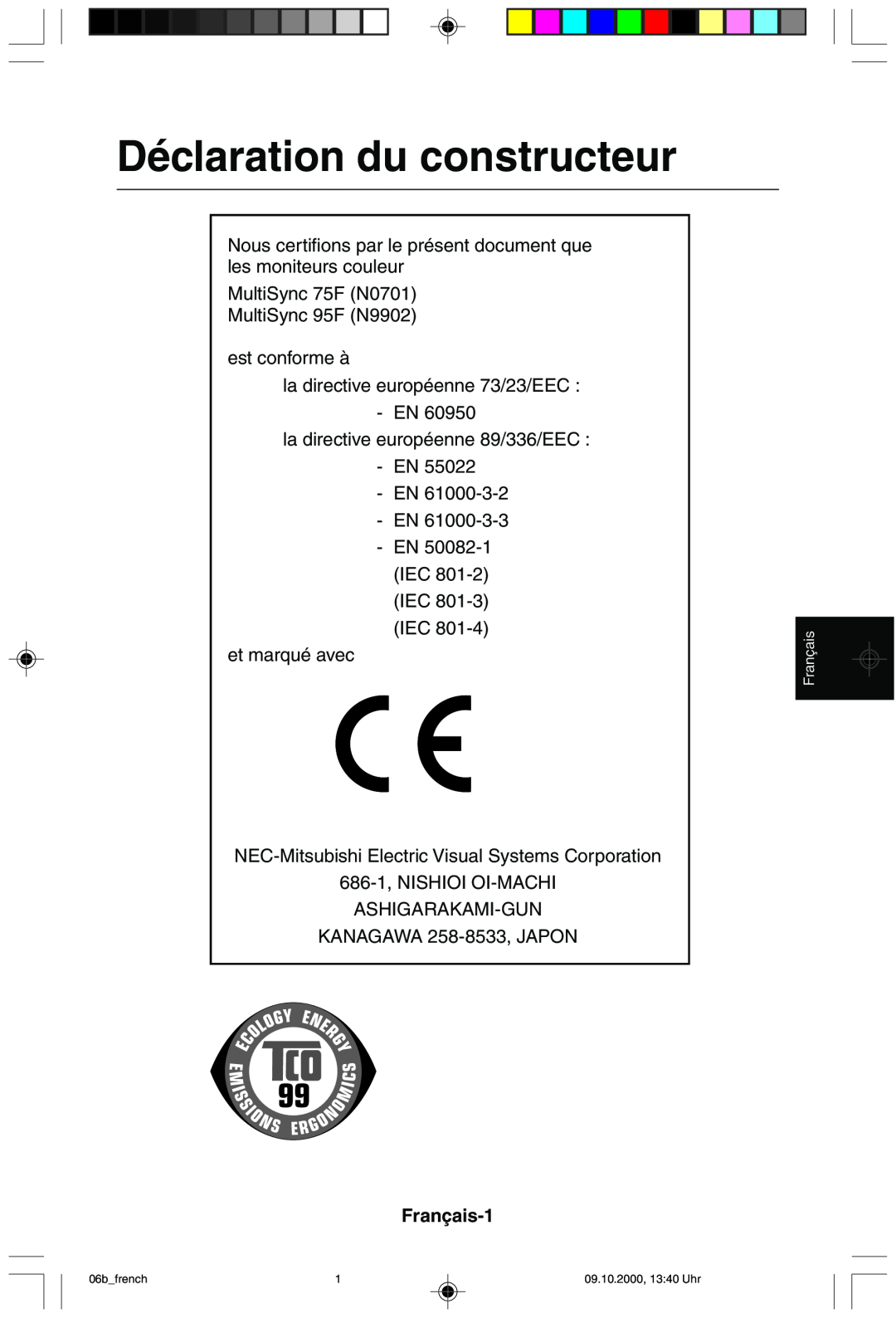 NEC 95F user manual Déclaration du constructeur, Français-1 
