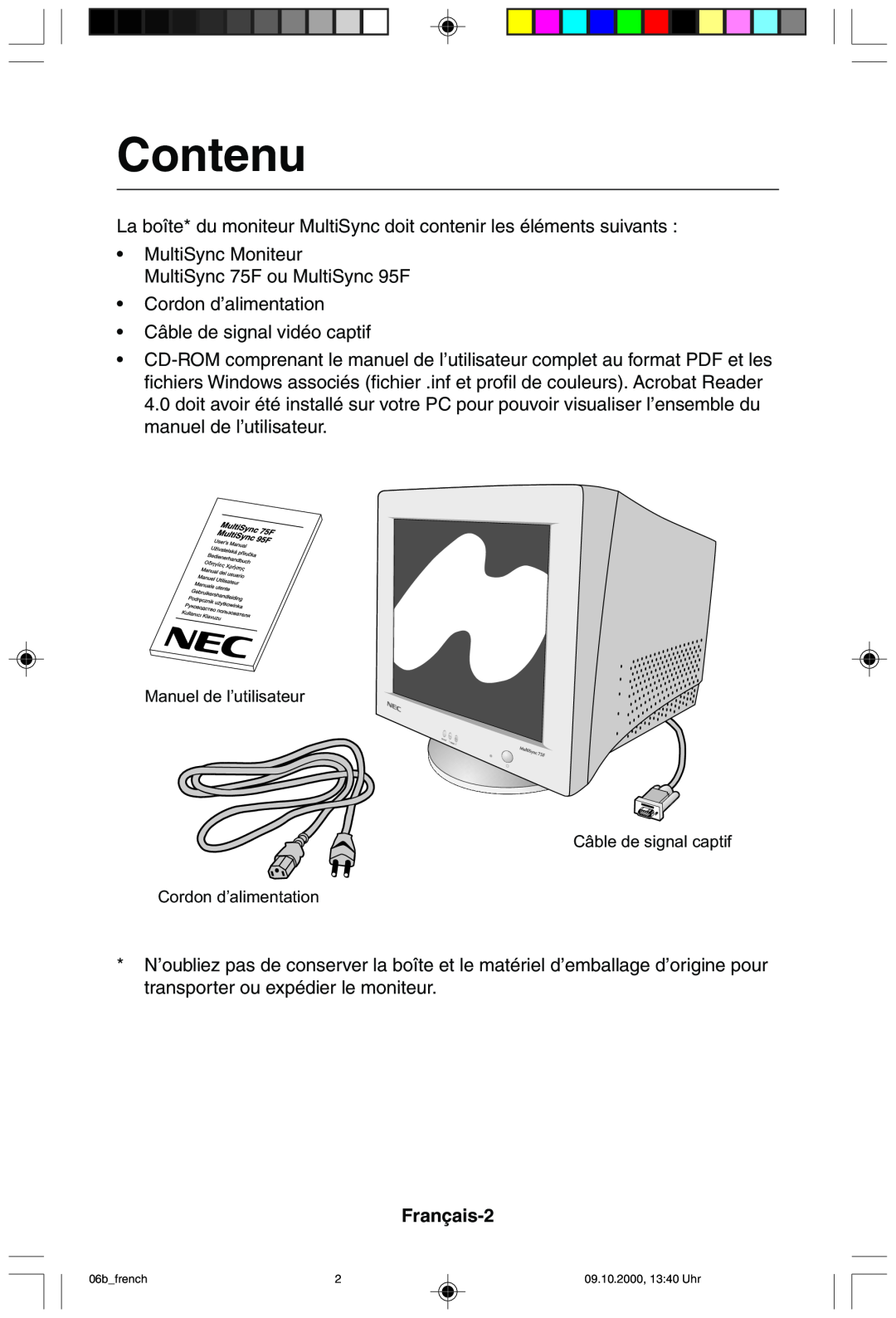 NEC 95F user manual Contenu, Français-2 