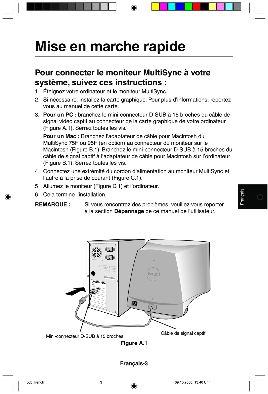 NEC 95F user manual Mise en marche rapide, Figure A.1 Français-3 