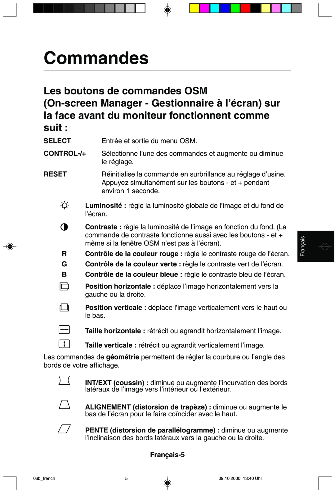 NEC 95F user manual Commandes, Select, Reset, Français-5 