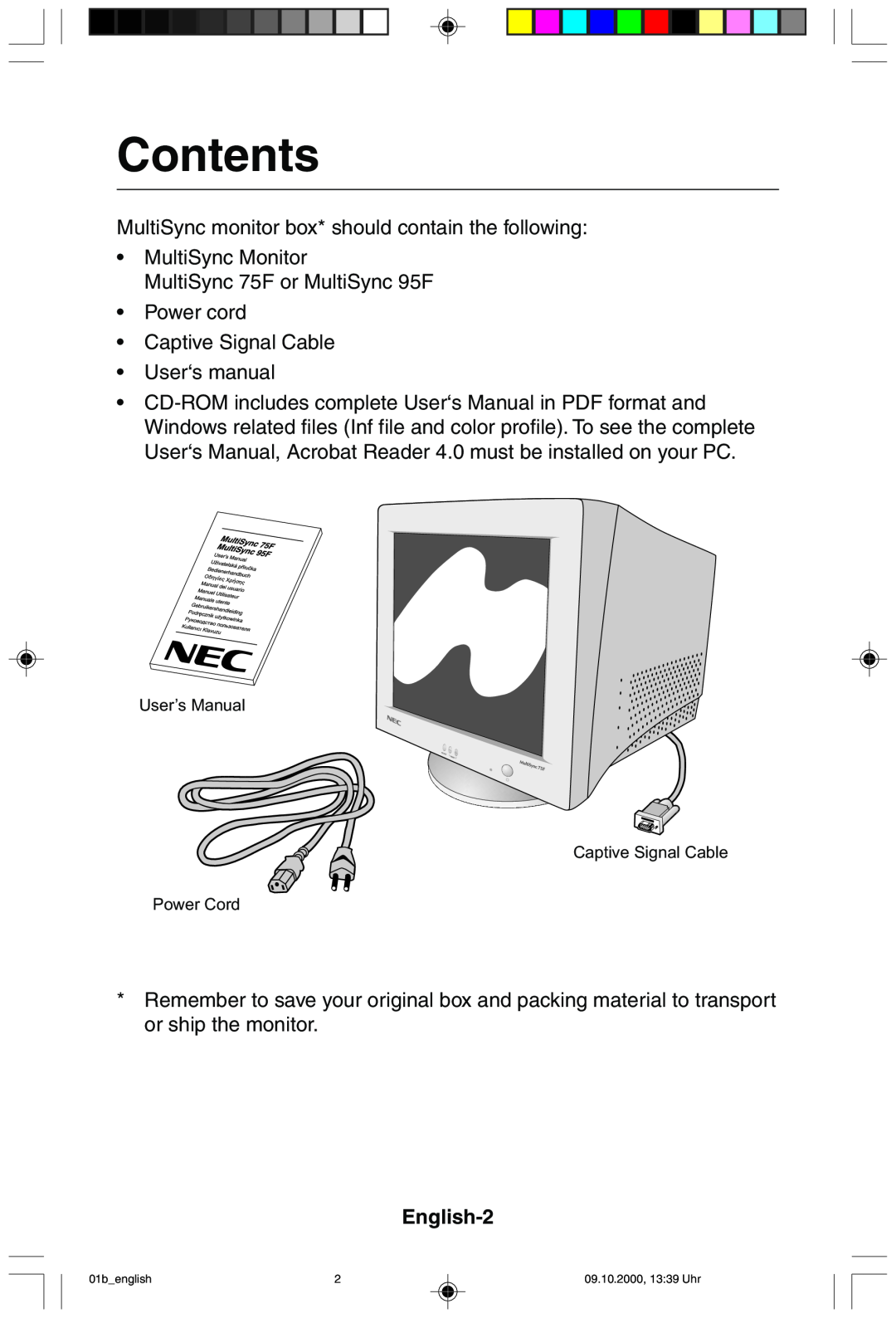 NEC 95F user manual Contents, English-2 