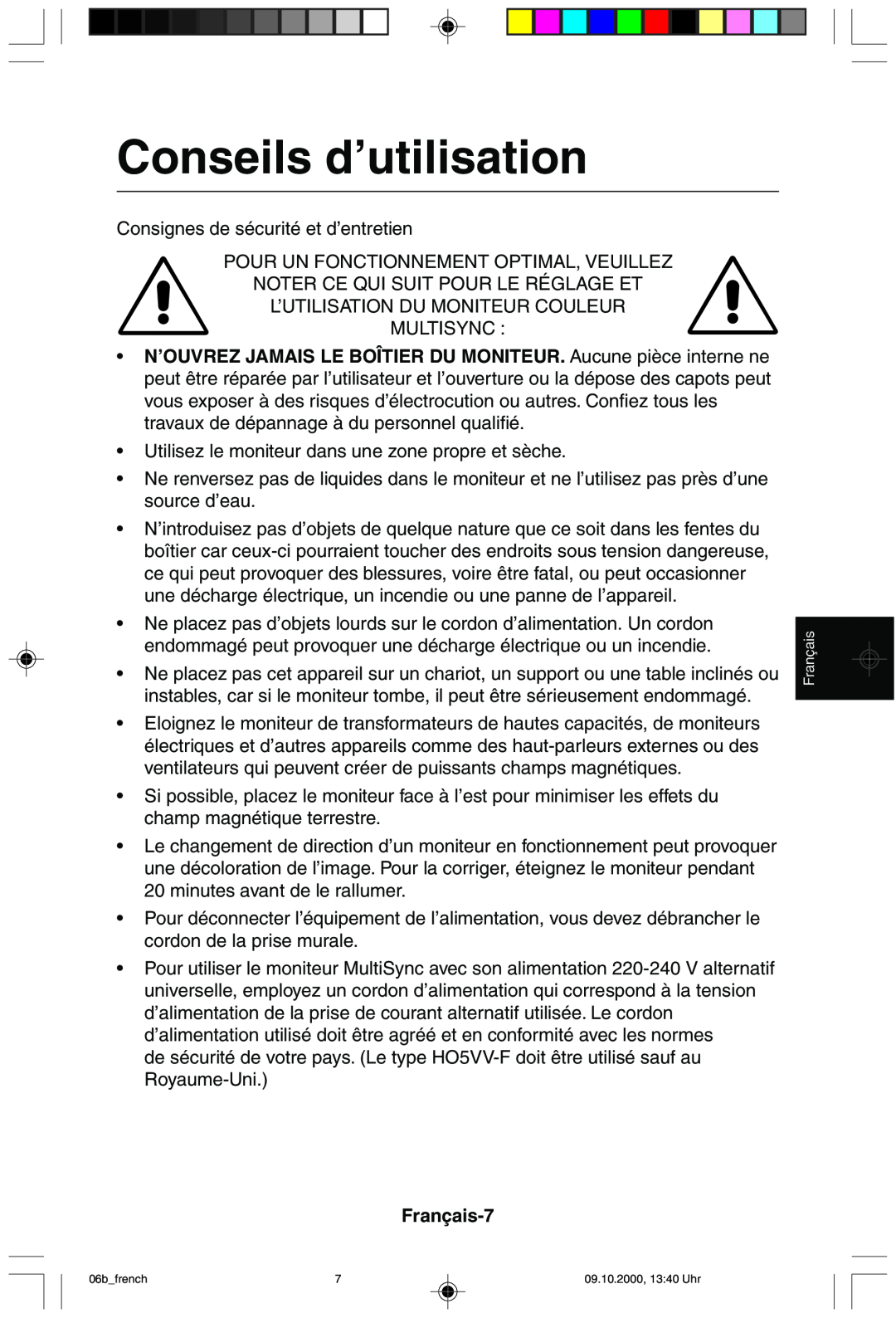 NEC 95F user manual Conseils d’utilisation, Français-7 