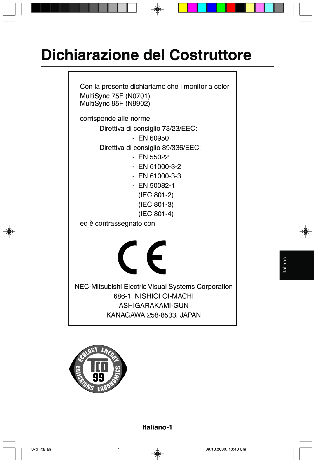 NEC 95F user manual Dichiarazione del Costruttore, Italiano-1 