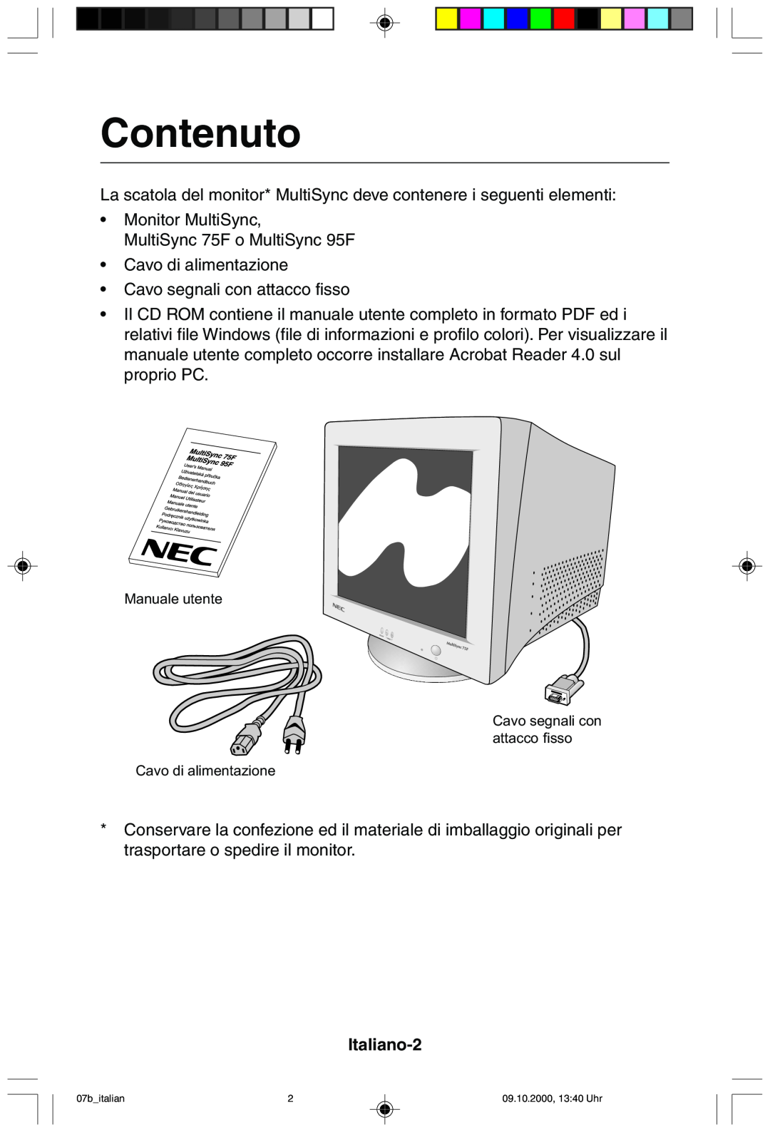NEC 95F user manual Contenuto, Italiano-2 
