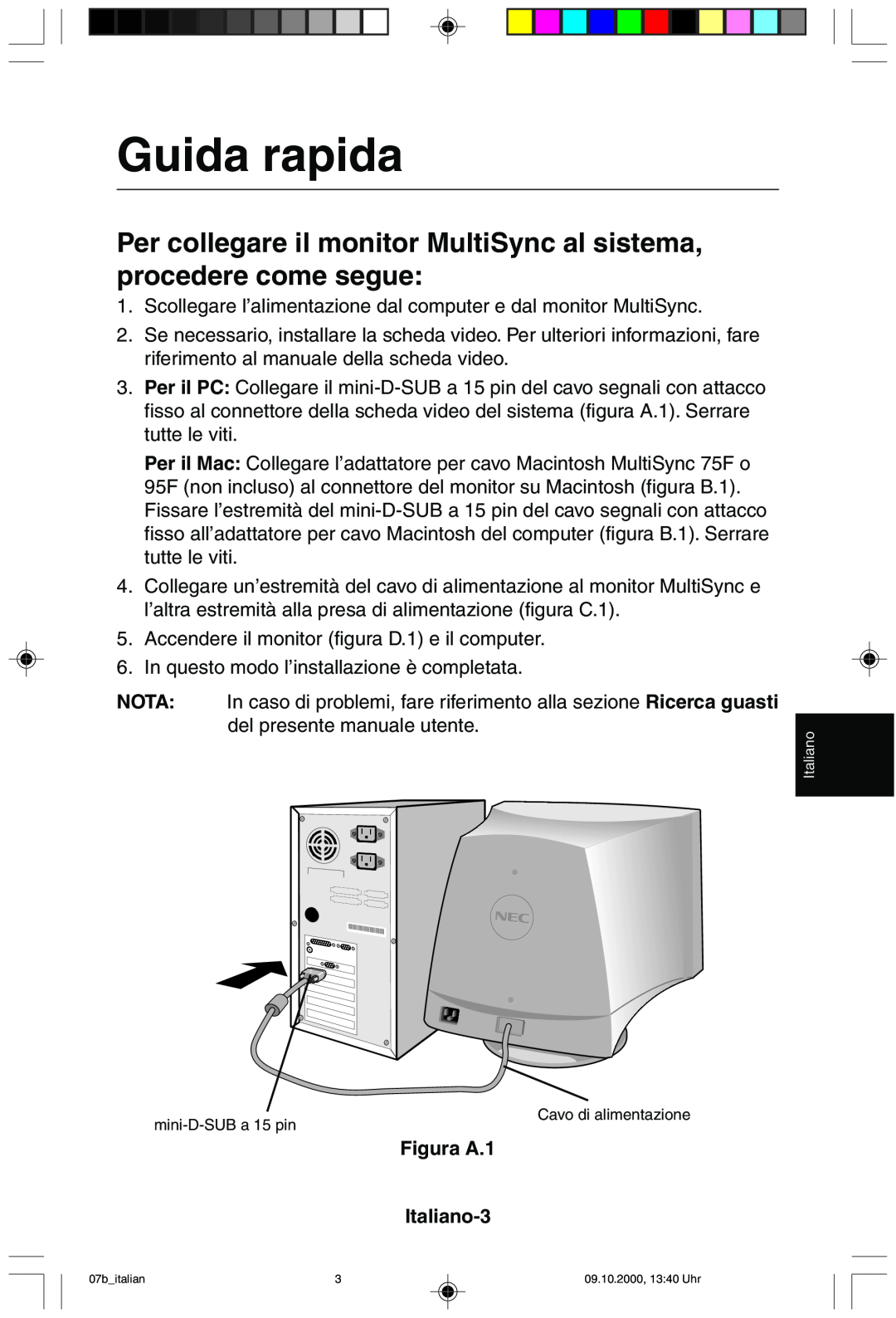 NEC 95F Guida rapida, Per collegare il monitor MultiSync al sistema, procedere come segue, Nota, Figura A.1 Italiano-3 