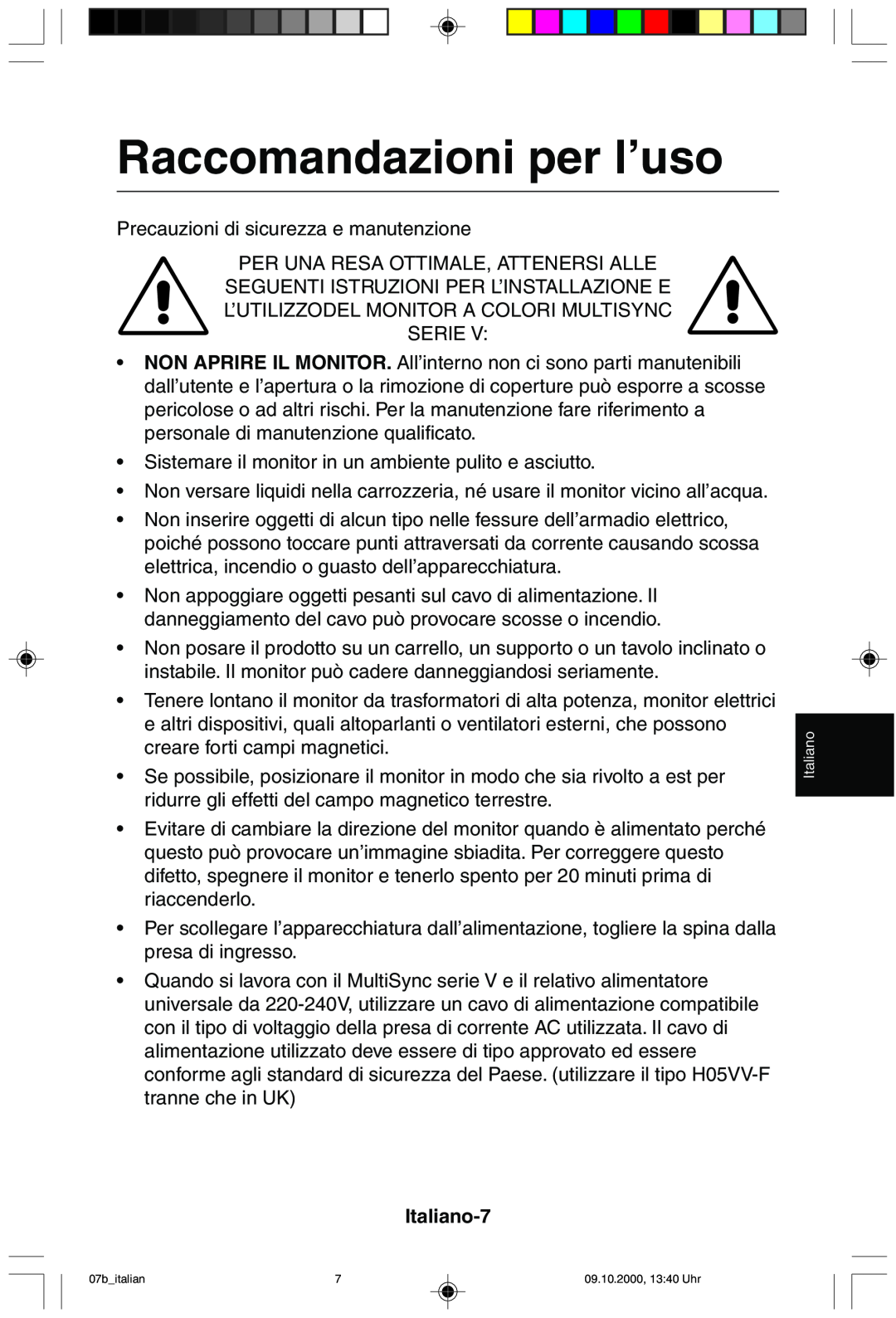 NEC 95F user manual Raccomandazioni per l’uso, Italiano-7 