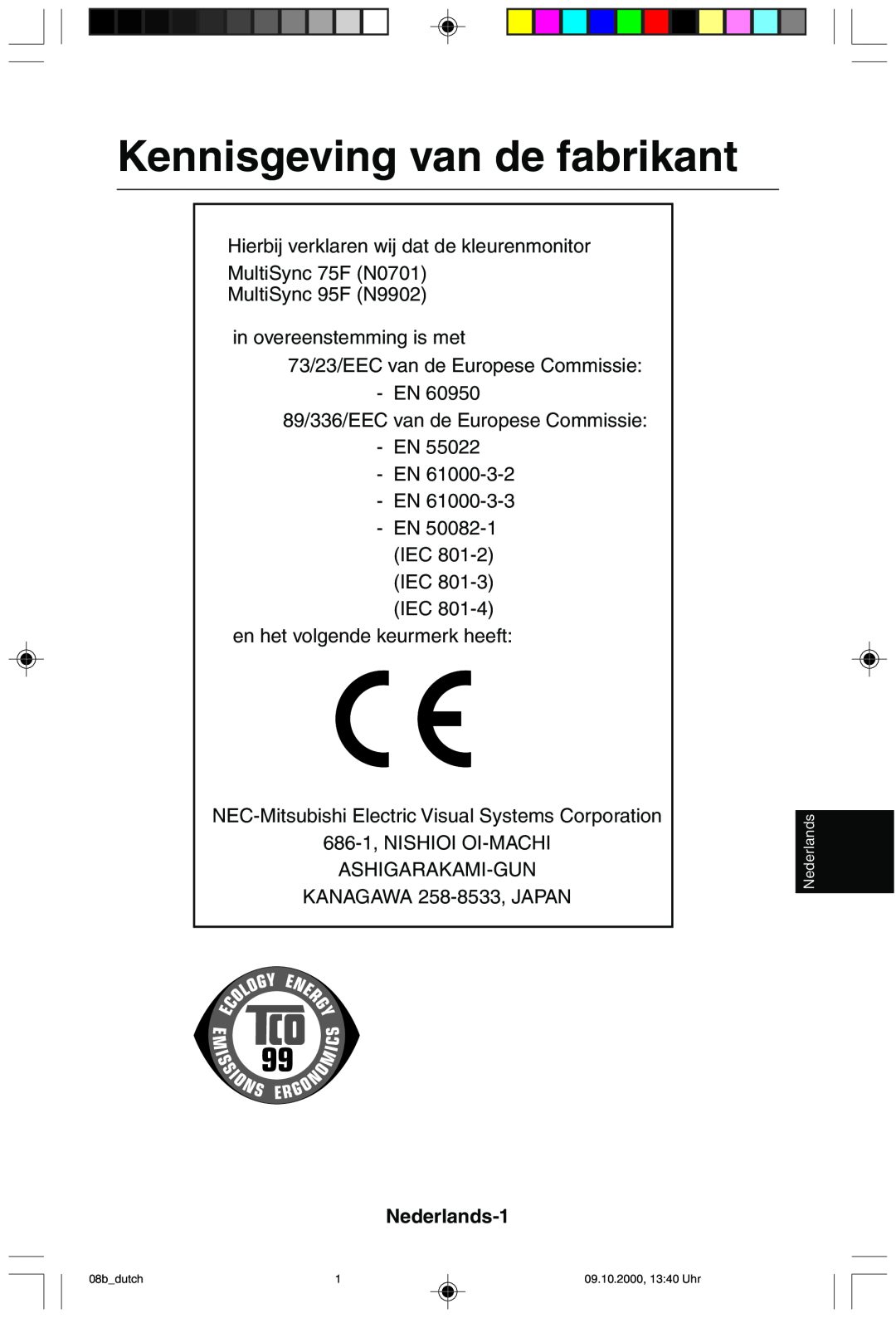 NEC 95F user manual Kennisgeving van de fabrikant, Nederlands-1 
