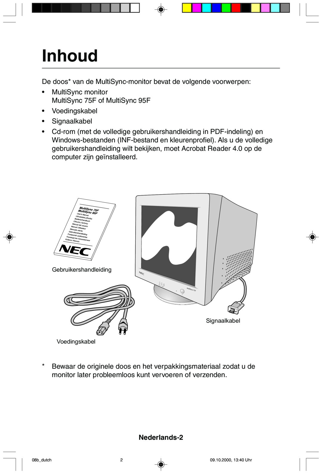 NEC 95F user manual Inhoud, Nederlands-2 