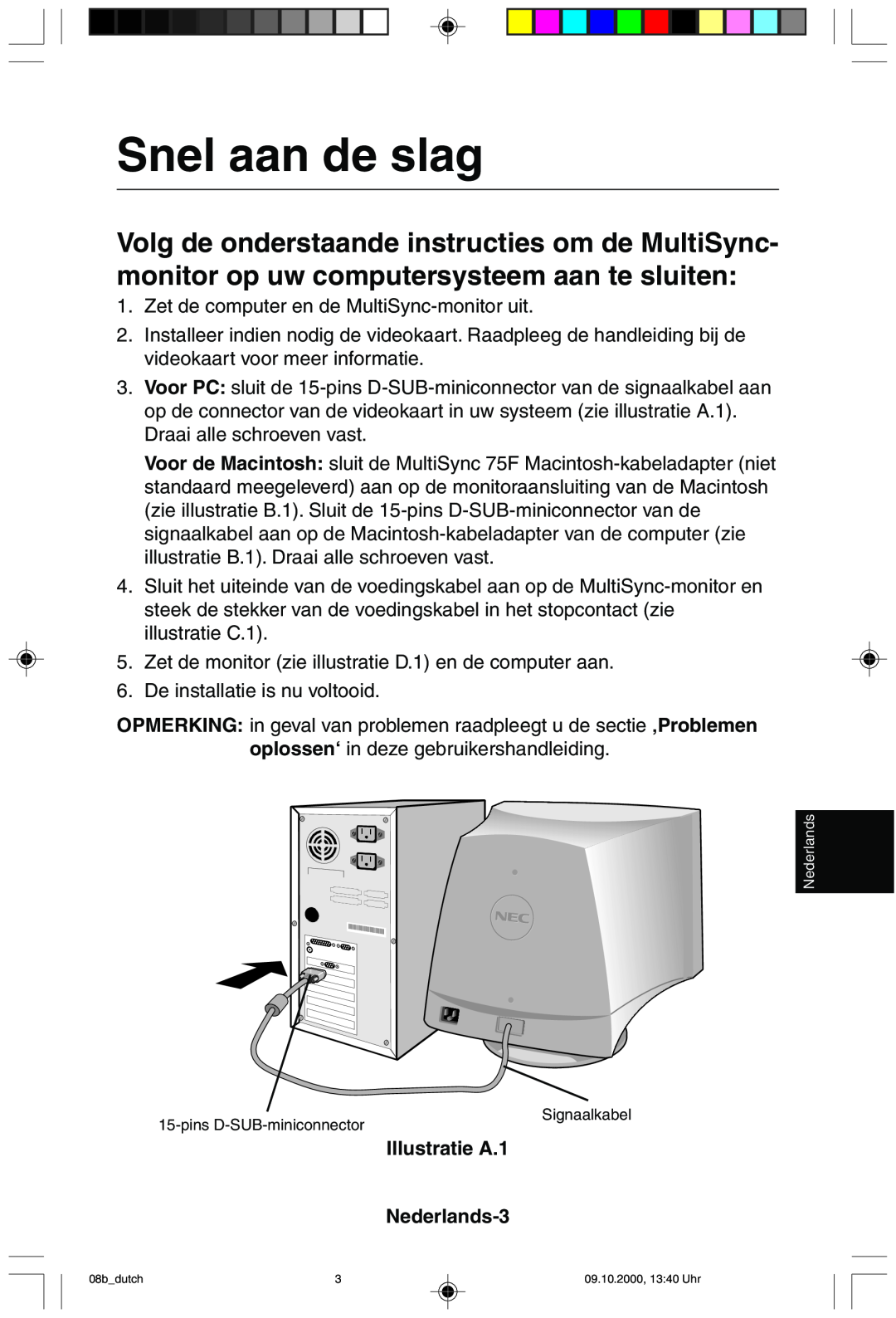 NEC 95F user manual Snel aan de slag, Illustratie A.1 Nederlands-3 