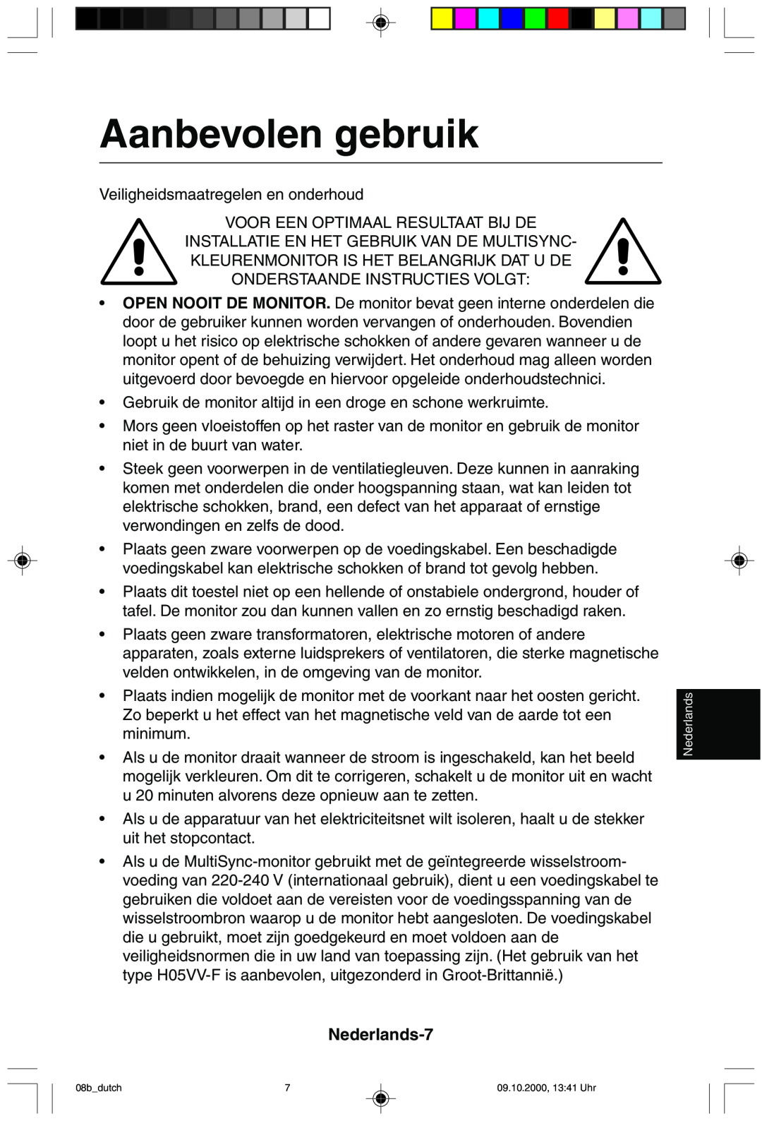 NEC 95F user manual Aanbevolen gebruik, Nederlands-7 