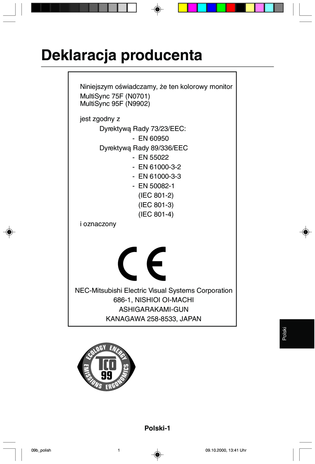 NEC 95F user manual Deklaracja producenta, Polski-1, 09bpolish, 09.10.2000, 1341 Uhr 