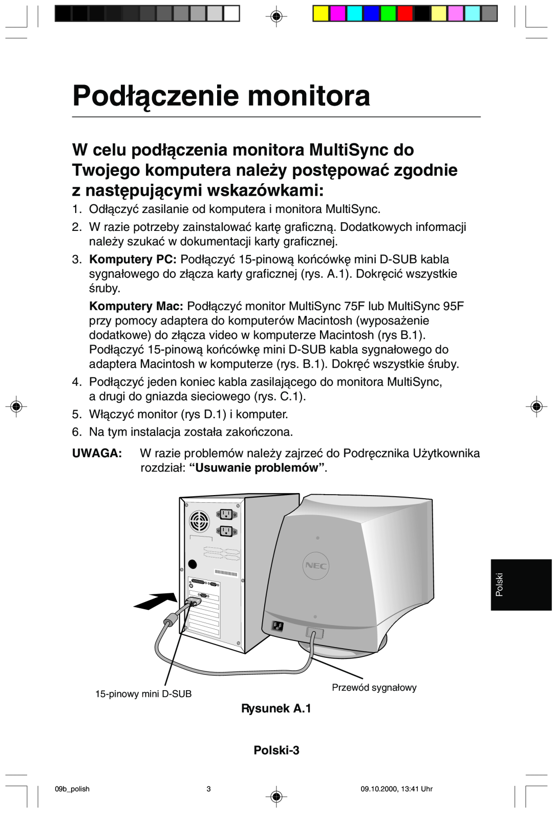 NEC 95F user manual Pod∏àczenie monitora, Rysunek A.1 Polski-3 