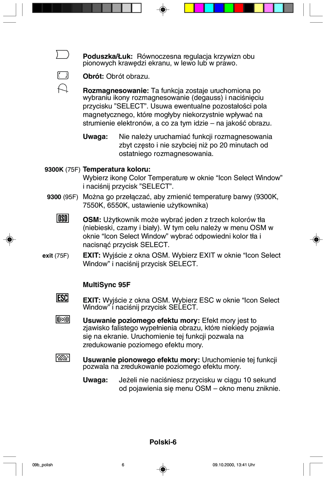 NEC user manual Obrót Obrót obrazu, 9300K 75F Temperatura koloru, MultiSync 95F, Polski-6 