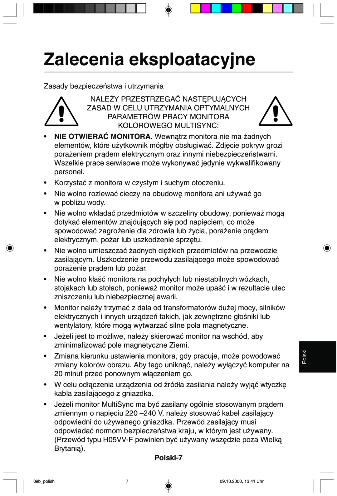 NEC 95F user manual Zalecenia eksploatacyjne, Polski-7 