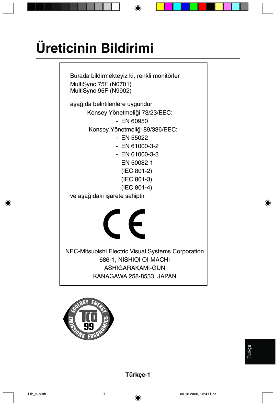 NEC 95F user manual Üreticinin Bildirimi 