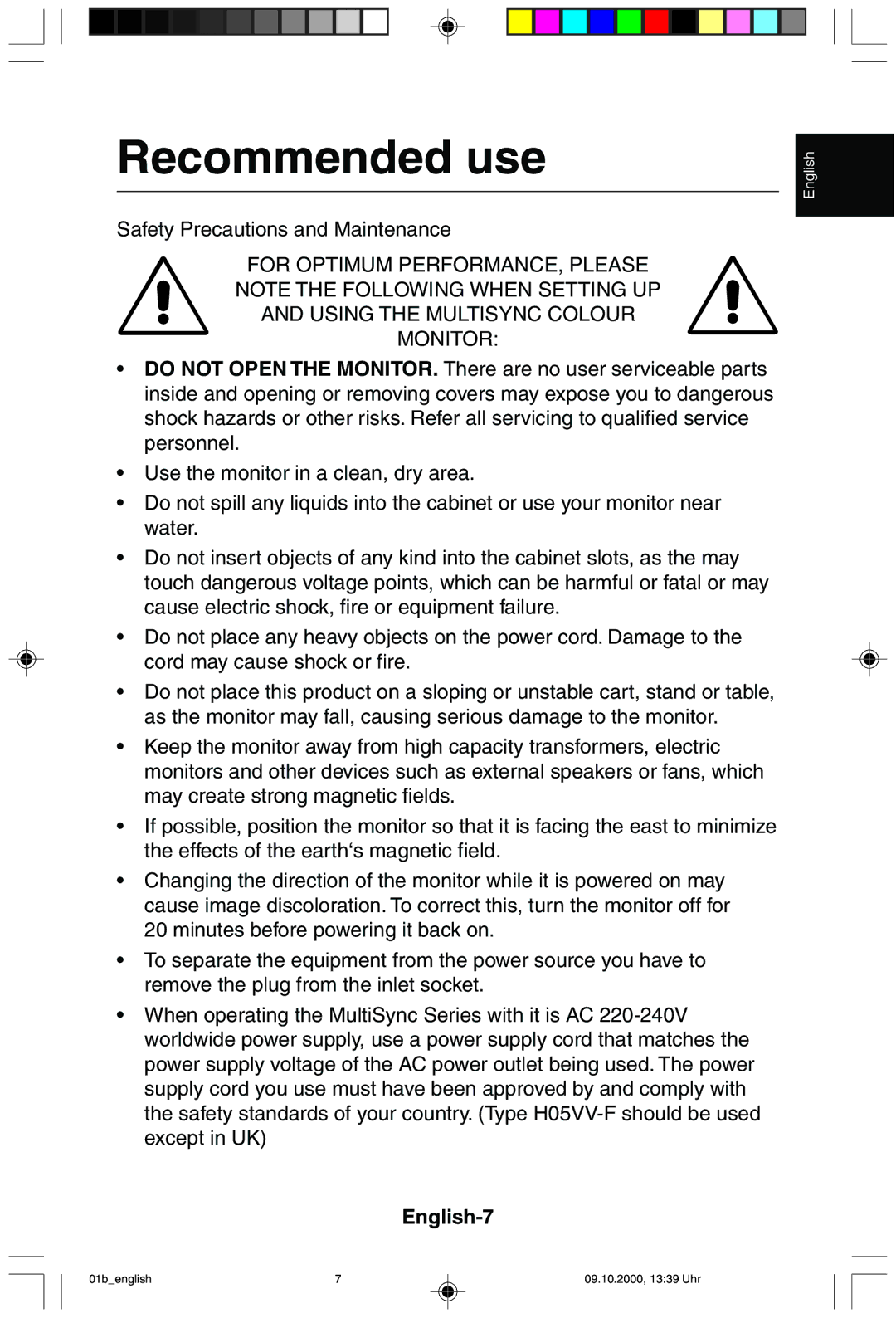 NEC 95F user manual Recommended use, English-7 