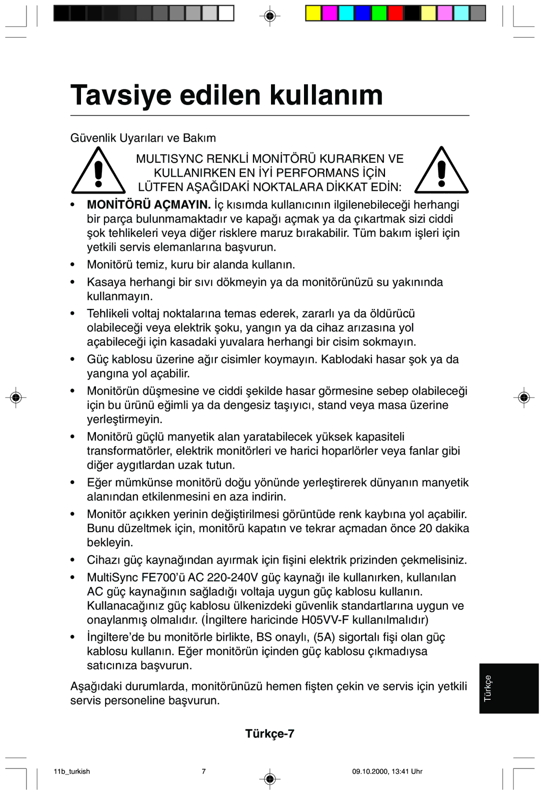 NEC 95F user manual Tavsiye edilen kullan∂m, Türkçe-7 