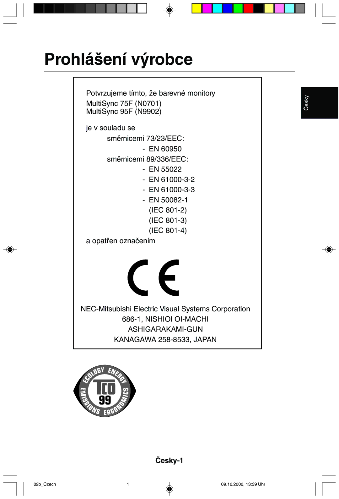 NEC 95F user manual Prohlá‰ení v˘robce, Âesky-1 