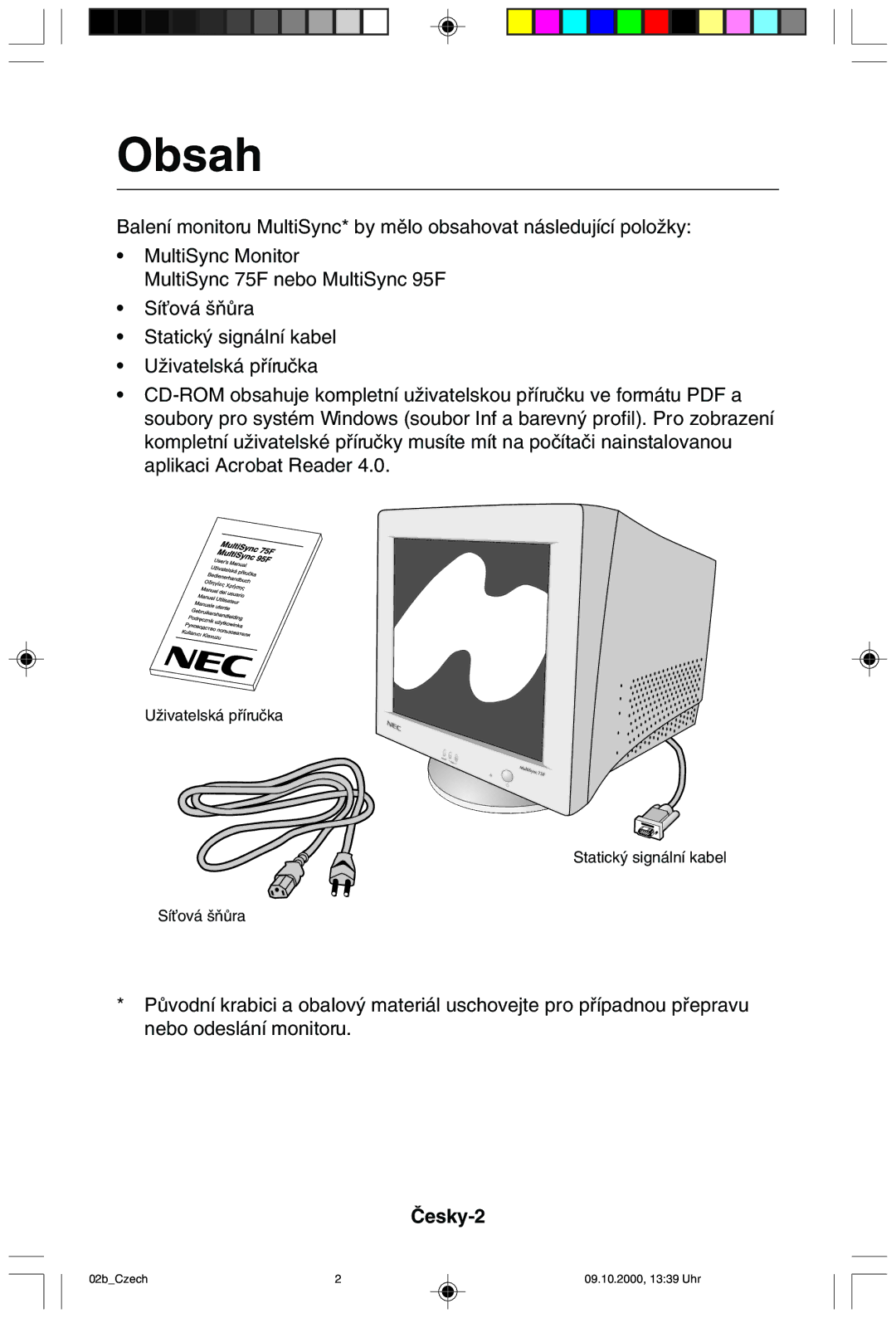 NEC 95F user manual Obsah, Âesky-2 