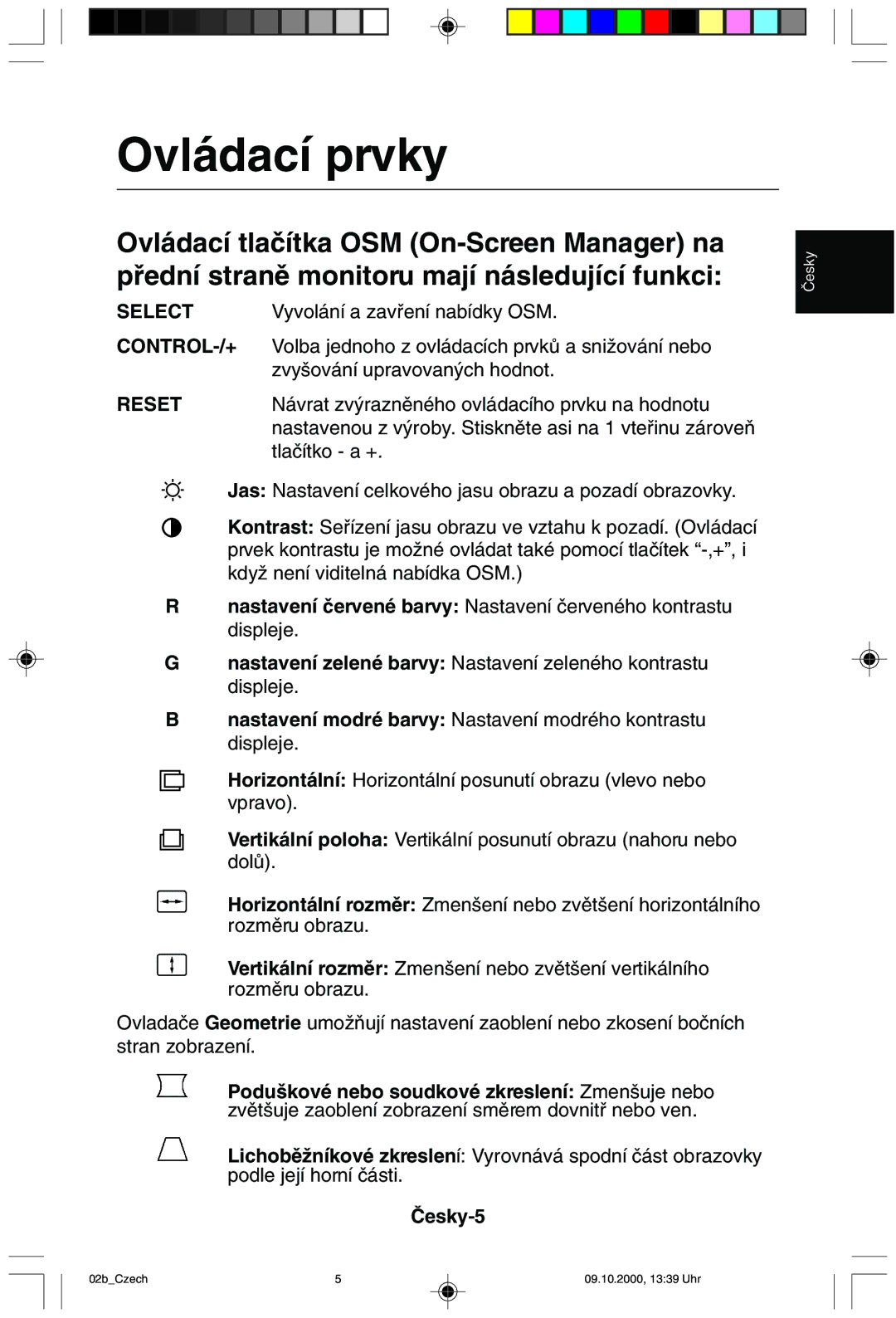 NEC 95F user manual Ovládací prvky, Âesky-5 