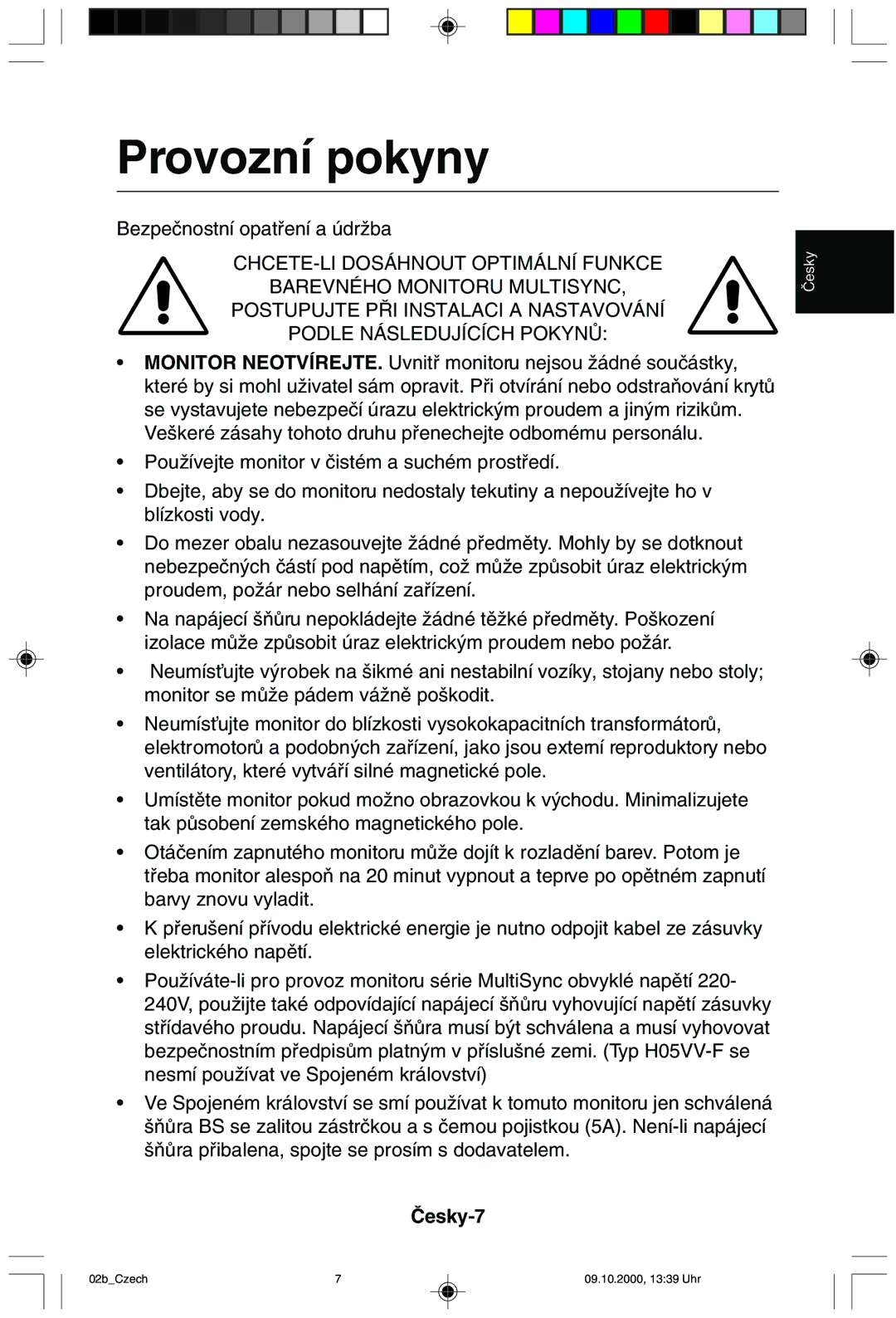 NEC 95F user manual Provozní pokyny, Âesky-7 