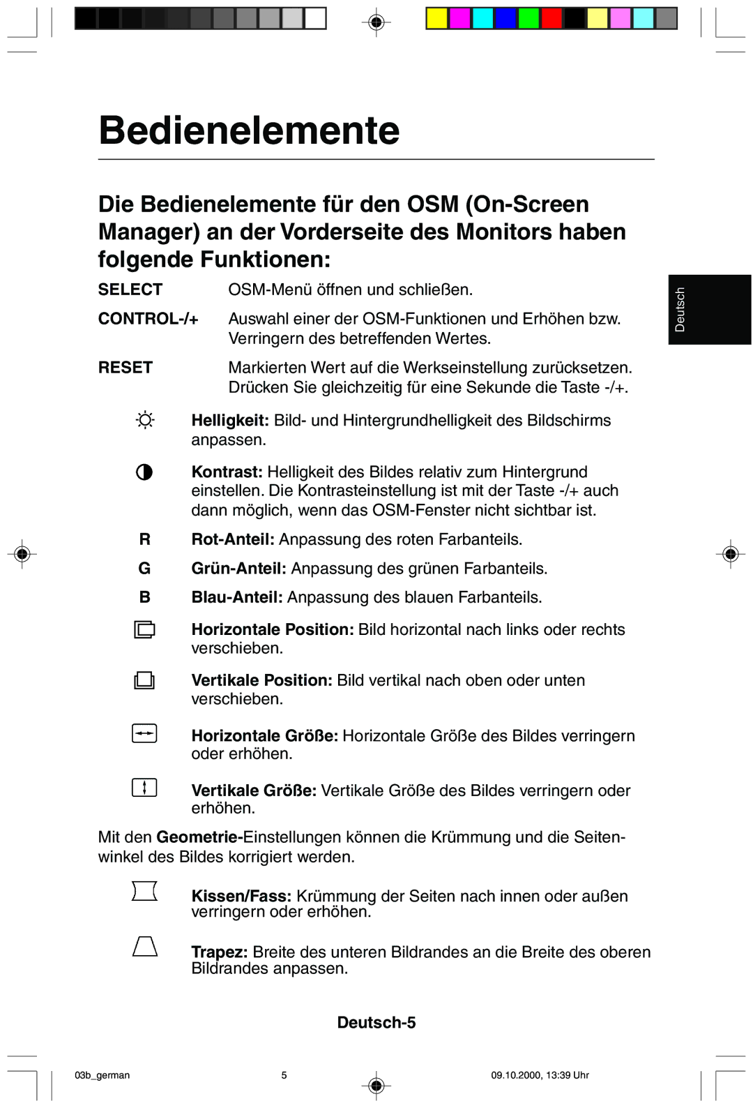 NEC 95F user manual Bedienelemente, Deutsch-5 