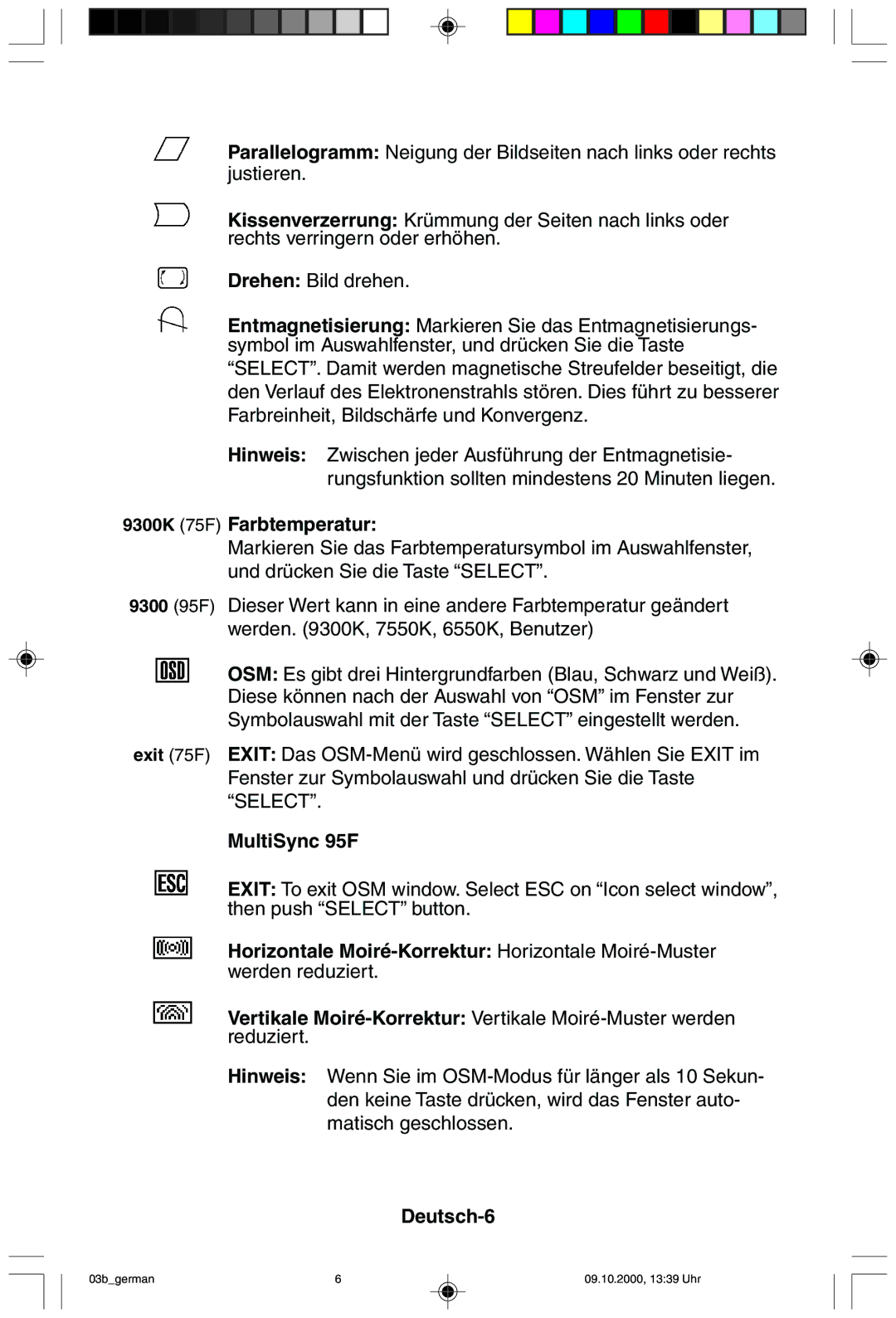 NEC user manual 9300K 75F Farbtemperatur, MultiSync 95F, Deutsch-6 