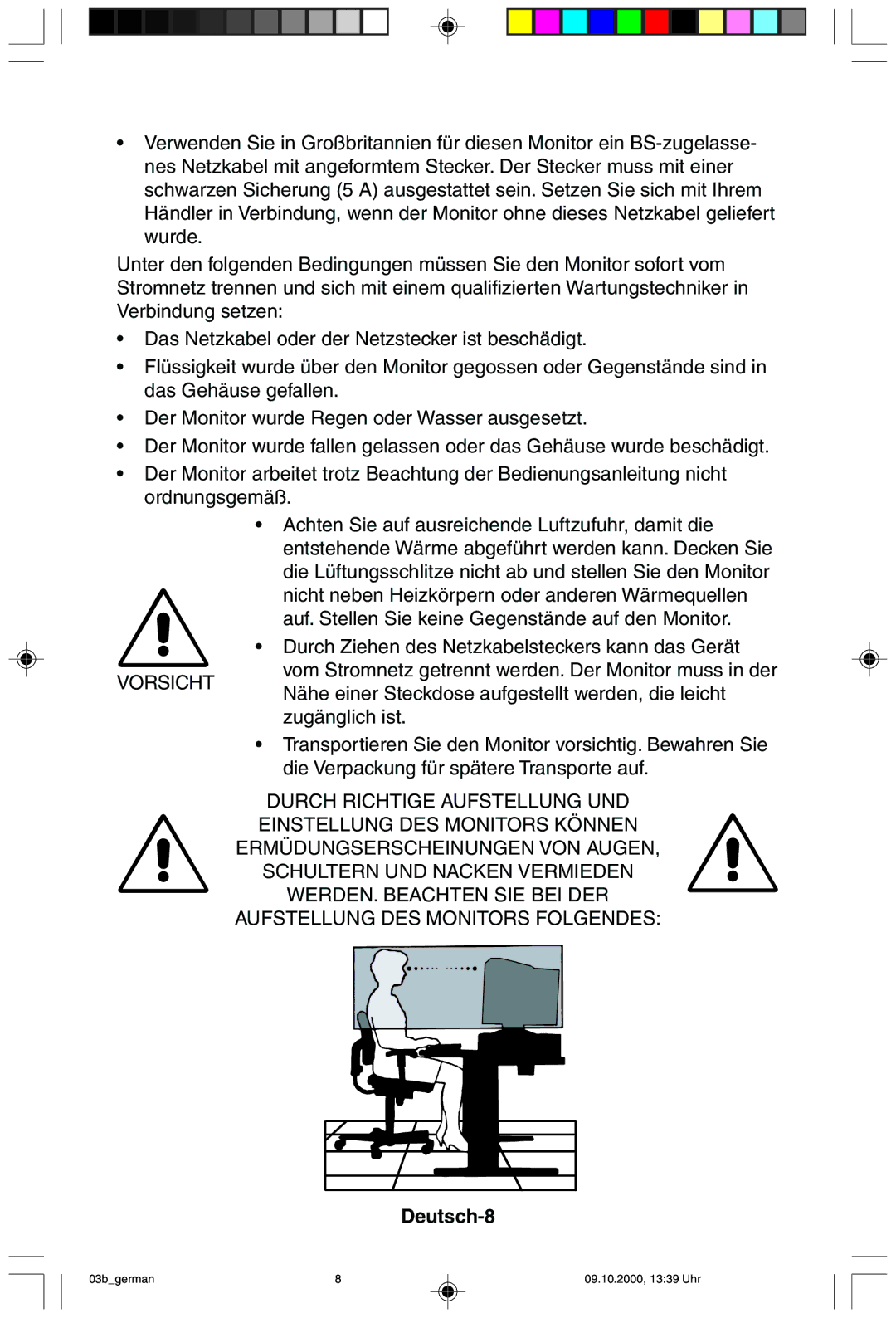 NEC 95F user manual Vorsicht, Deutsch-8 