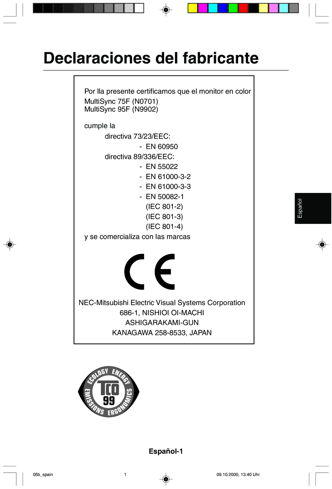 NEC 95F user manual Declaraciones del fabricante, Español-1 