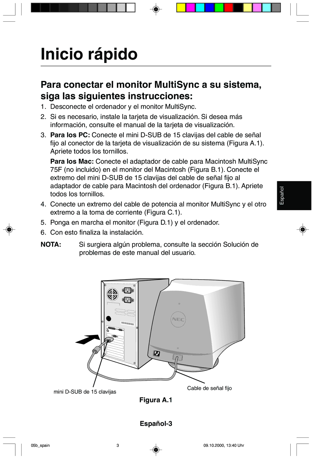 NEC 95F user manual Inicio rápido, Figura A.1 Español-3 