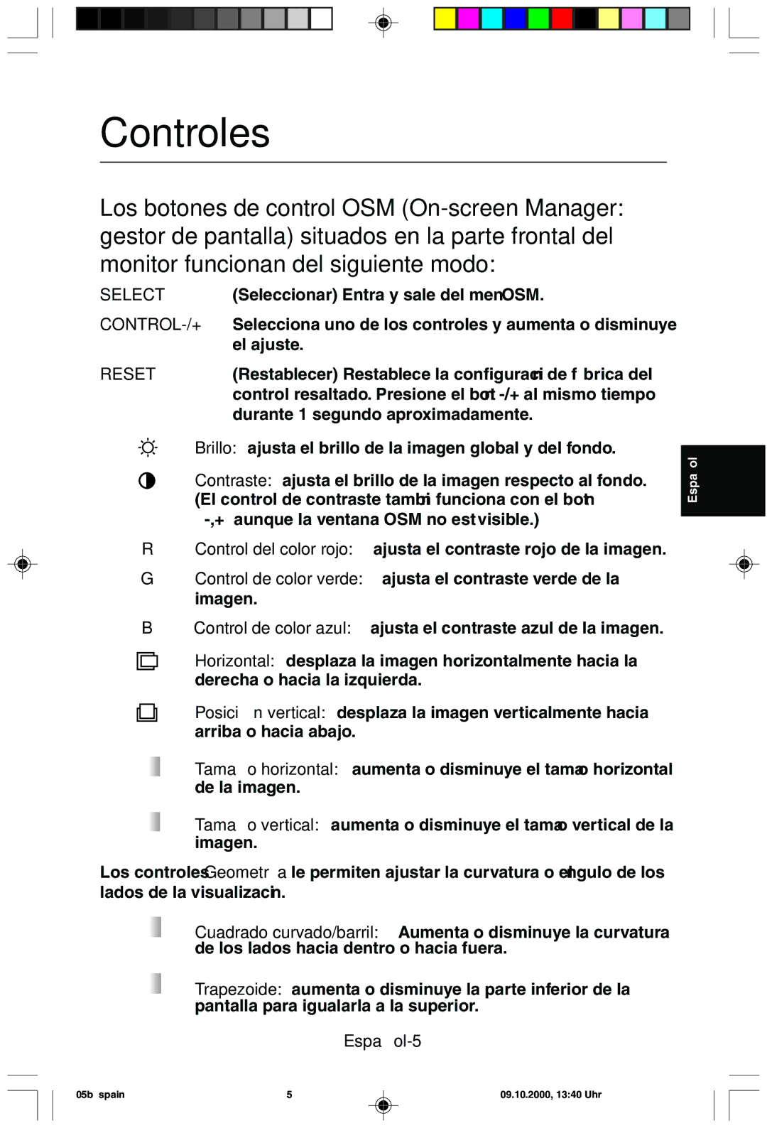 NEC 95F user manual Controles, Español-5 