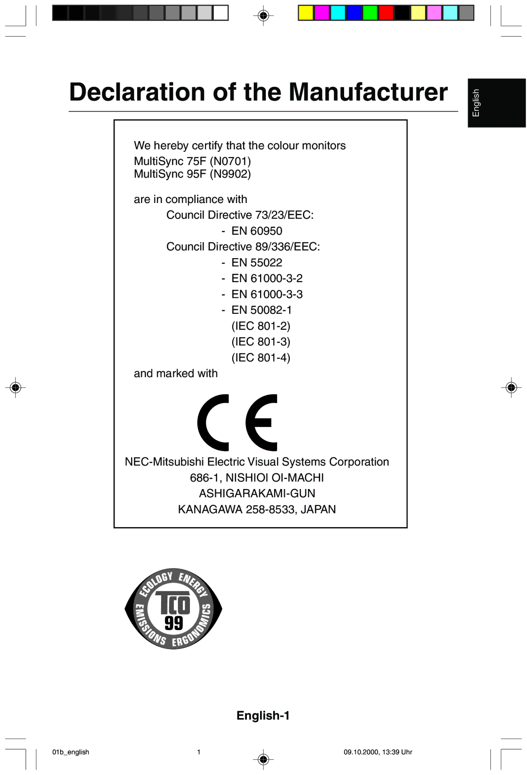 NEC 95F user manual Declaration of the Manufacturer 