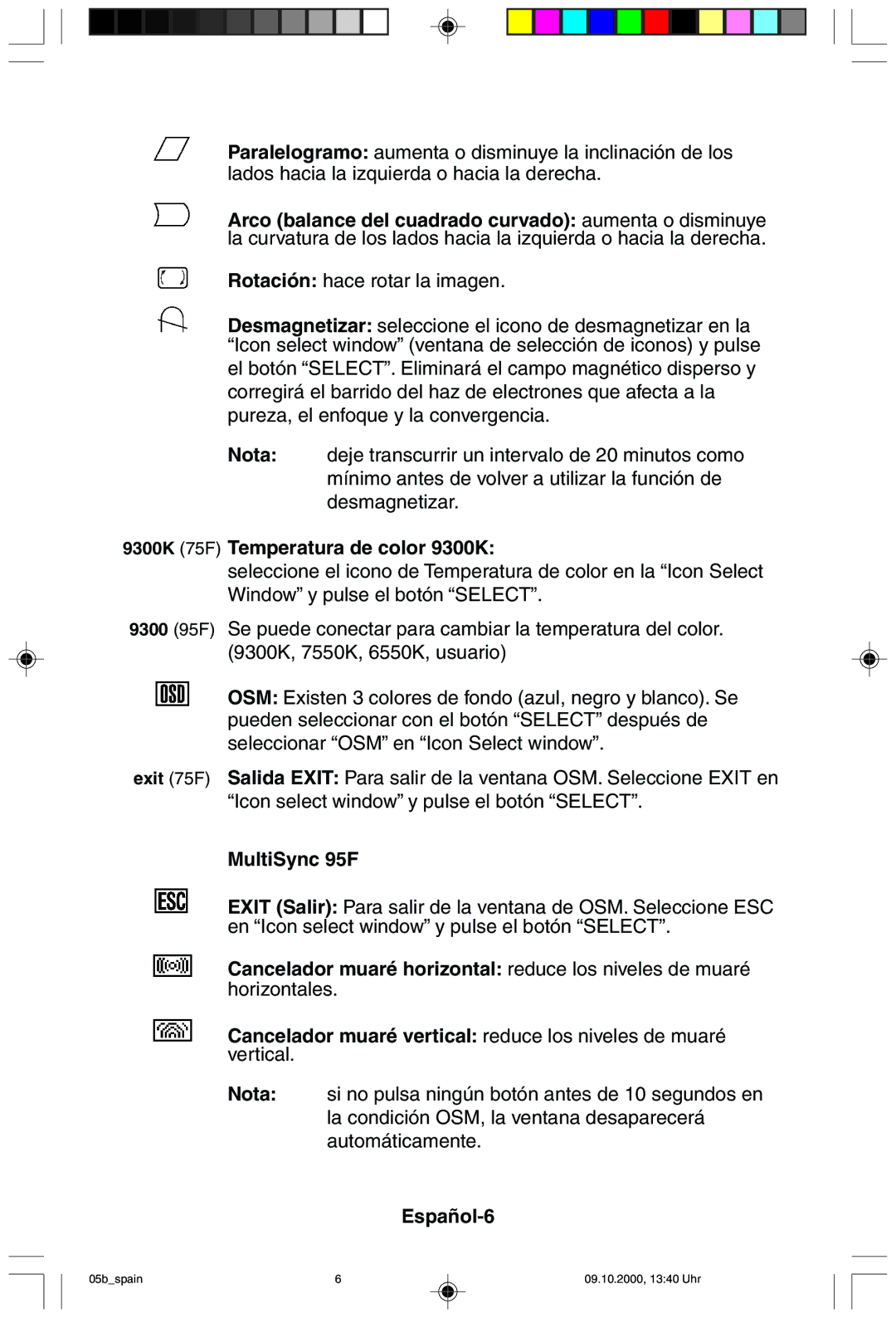 NEC 95F user manual 9300K 75F Temperatura de color 9300K, Español-6 