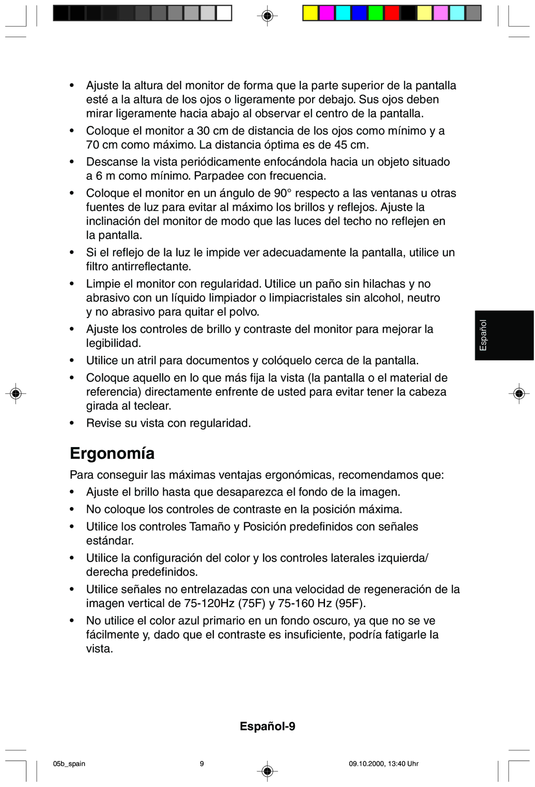 NEC 95F user manual Ergonomía, Español-9 