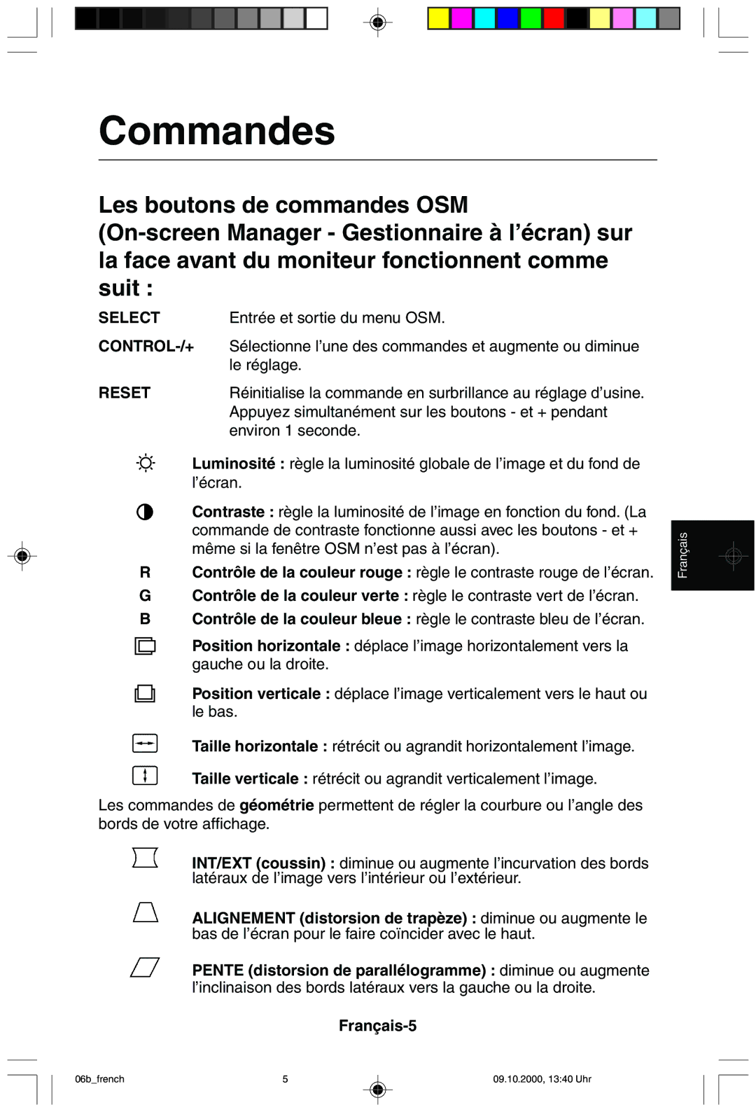 NEC 95F user manual Commandes, Français-5 