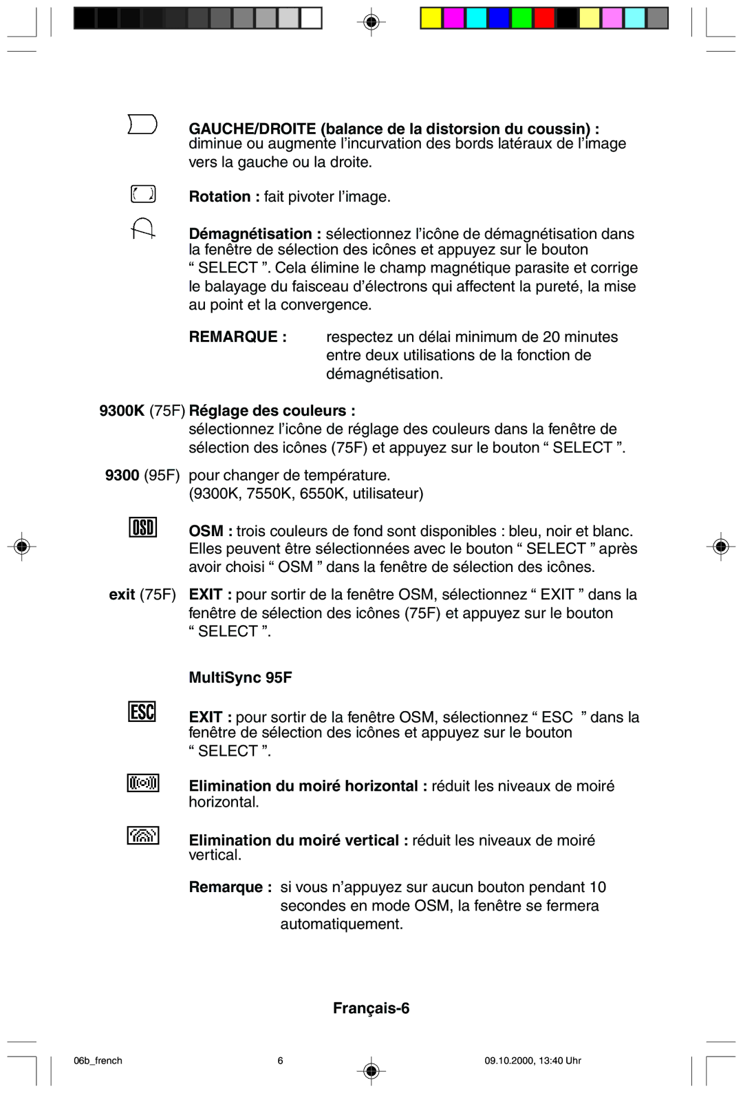 NEC 95F user manual 9300K 75F Réglage des couleurs, Français-6 