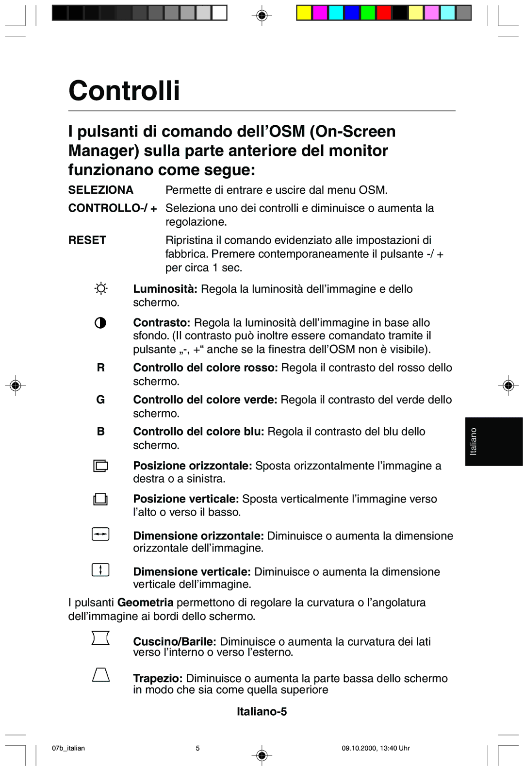 NEC 95F user manual Controlli, Italiano-5 