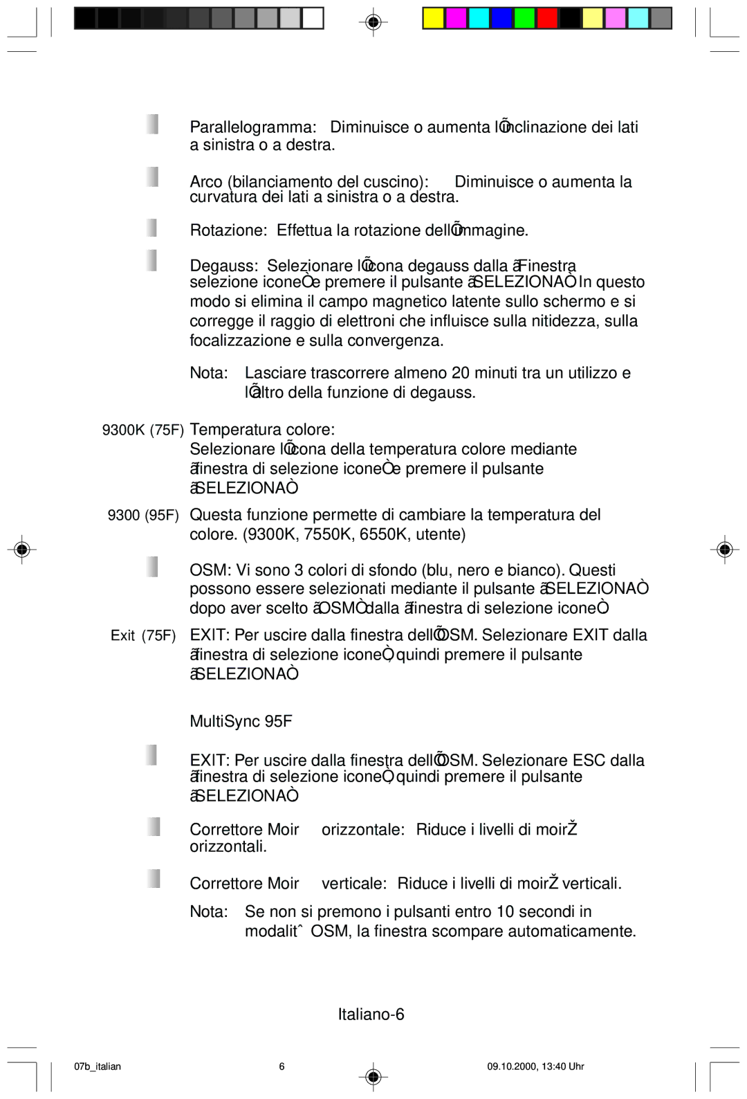 NEC 95F user manual 9300K 75F Temperatura colore, Italiano-6 